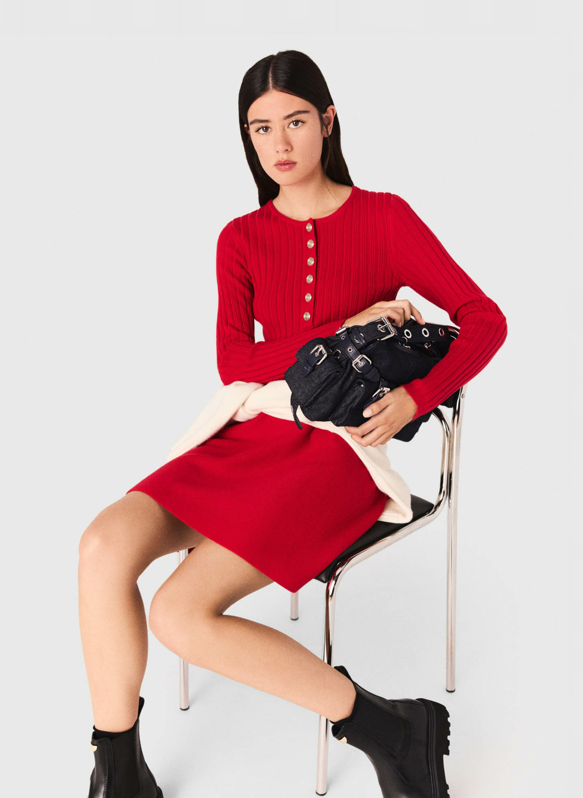 Robe courte boutonnée à col rond Rouge