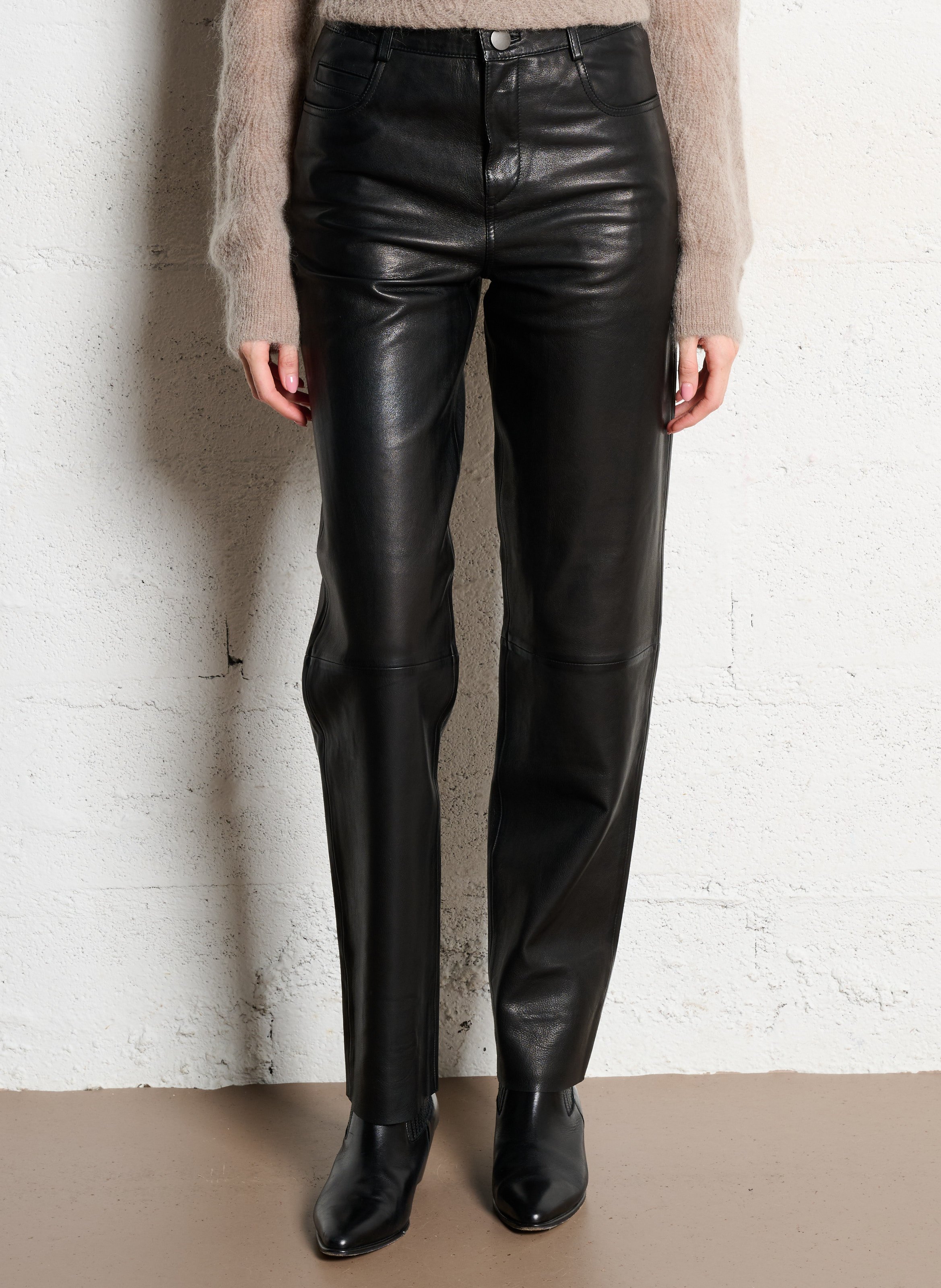 Pantalon droit en cuir IKKS Noir