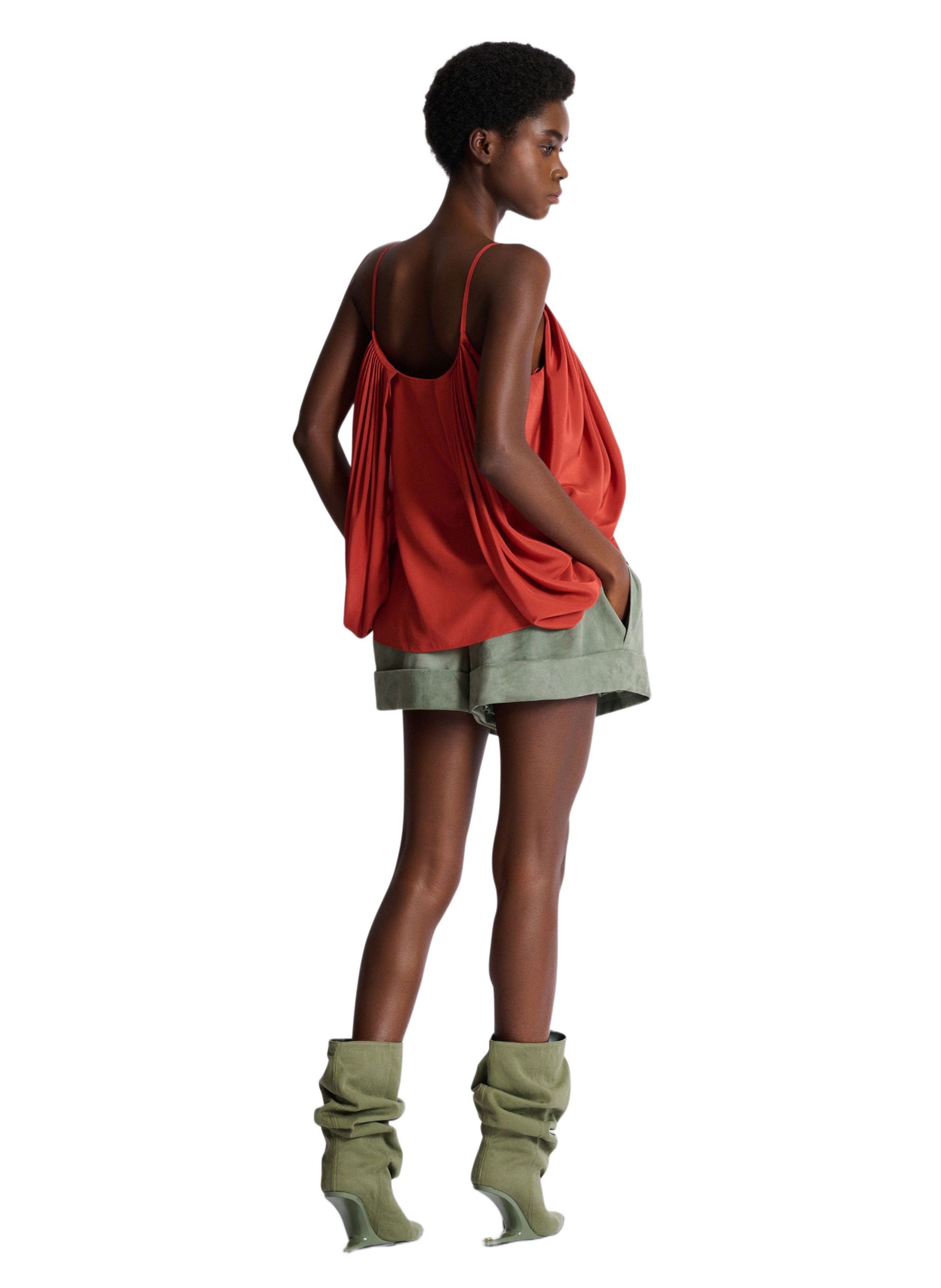 Débardeur drapé en crêpe de soie BALMAIN Rouge