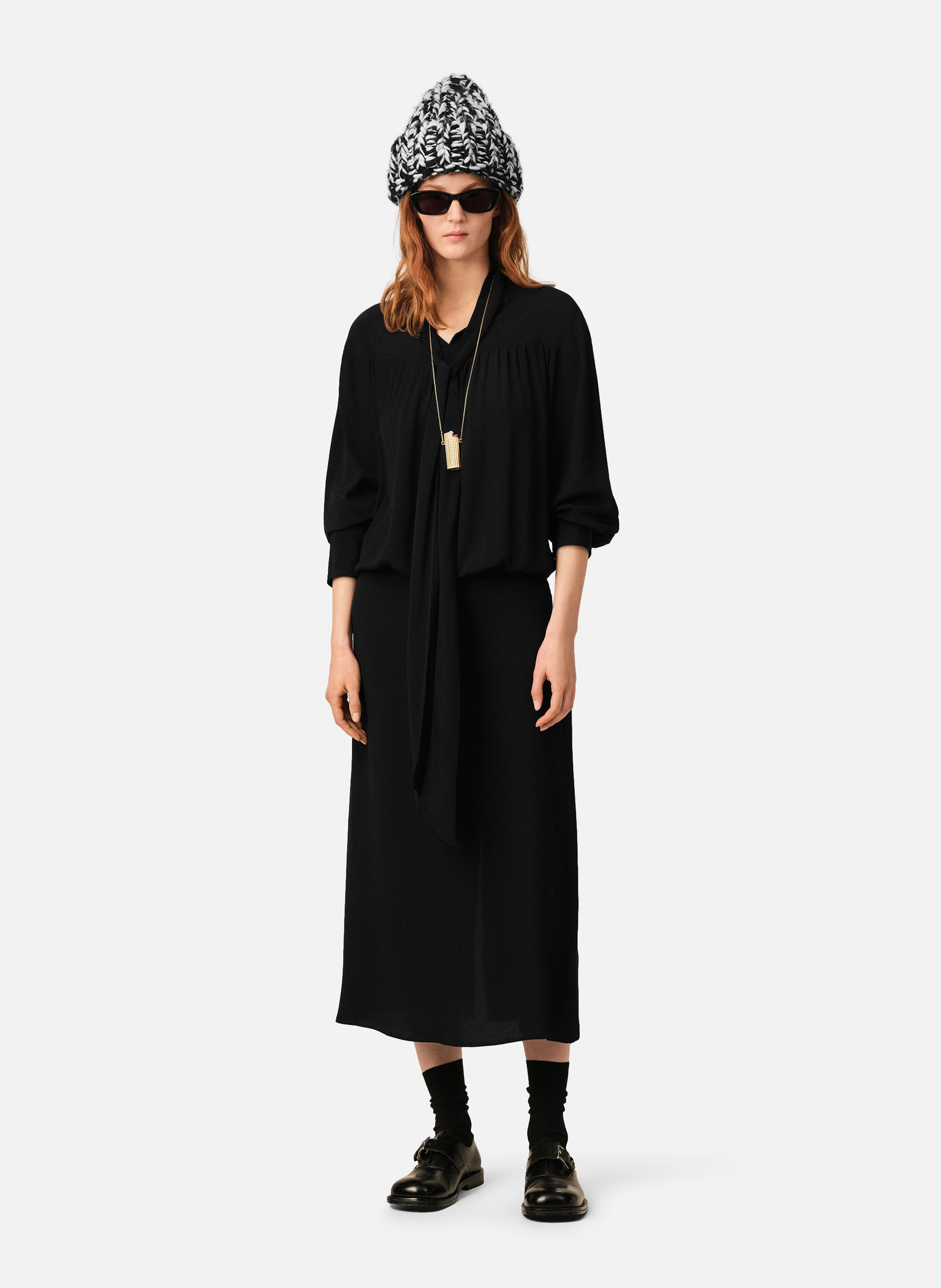 Robe midi en soie mélangée à lavallière AMI PARIS Noir