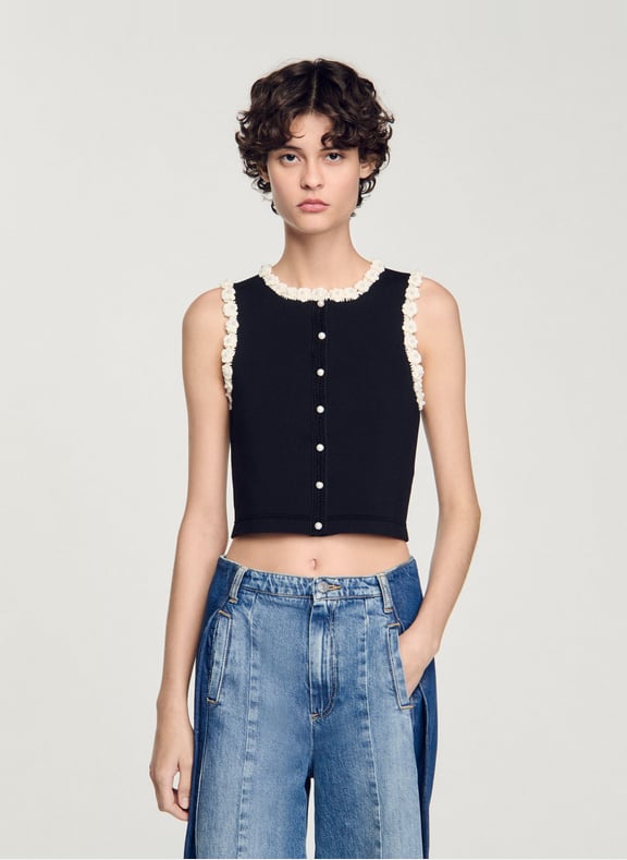 Cardigan court col rond Noir by SANDRO SANDRO Cardigan court col rond Noir