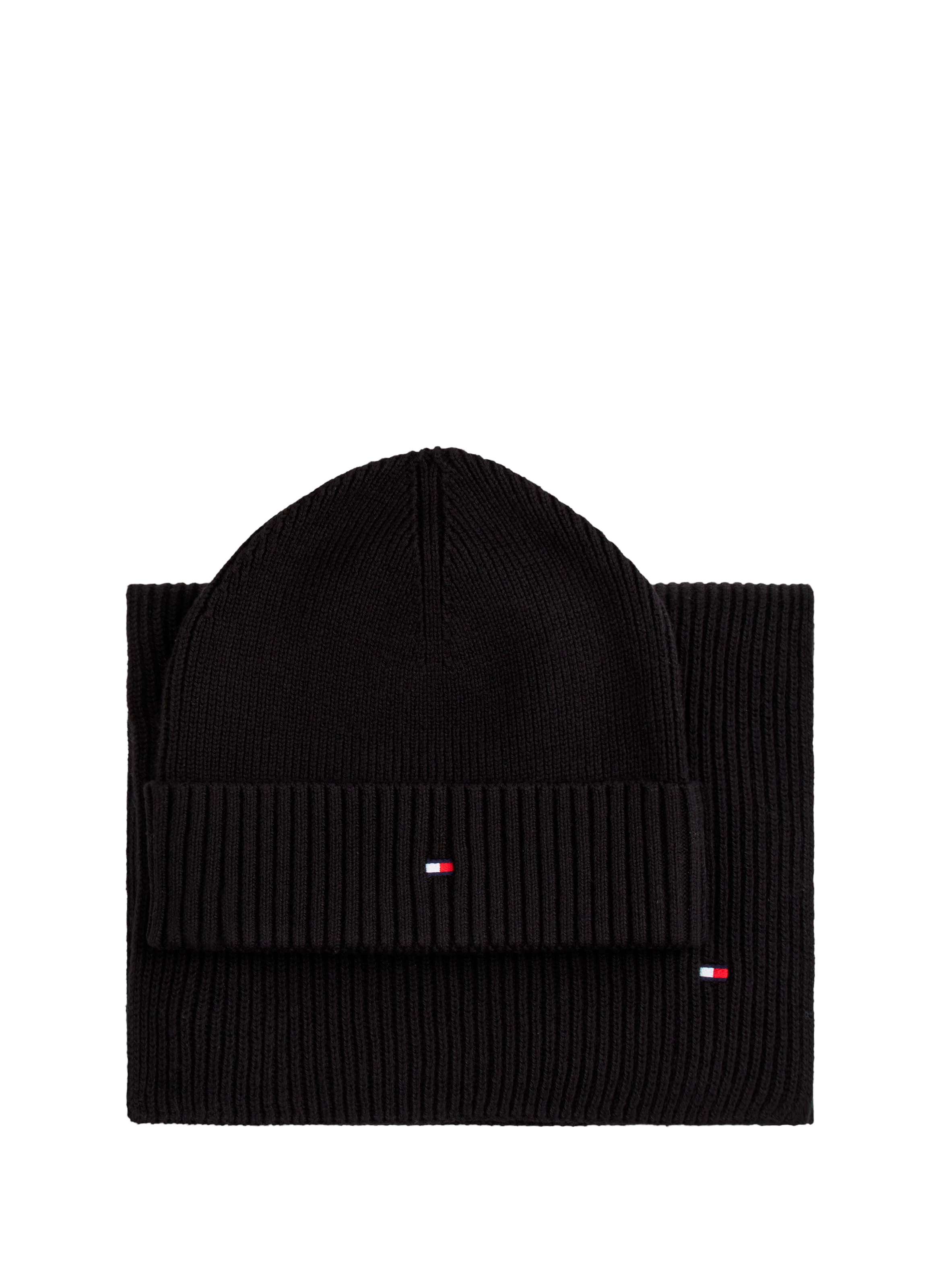 TOMMY HILFIGER Cotton and cashmere hat and scarf Black