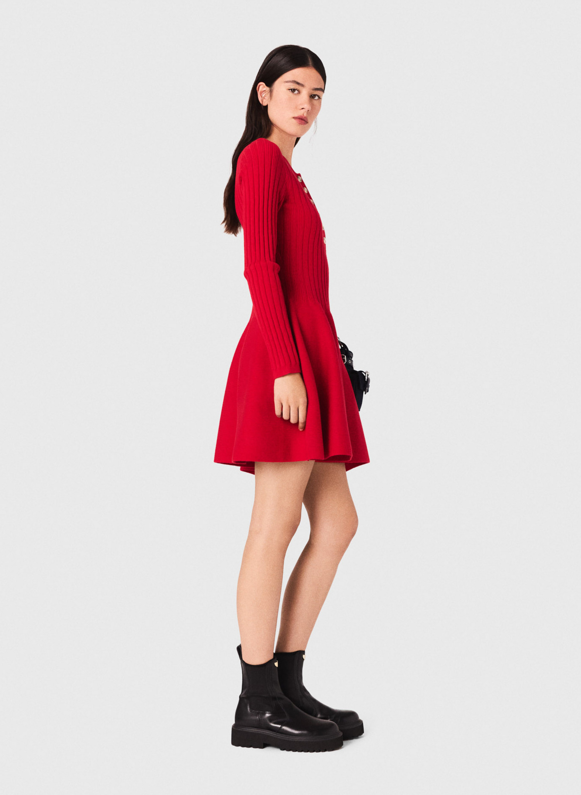 Robe courte boutonnée à col rond Rouge