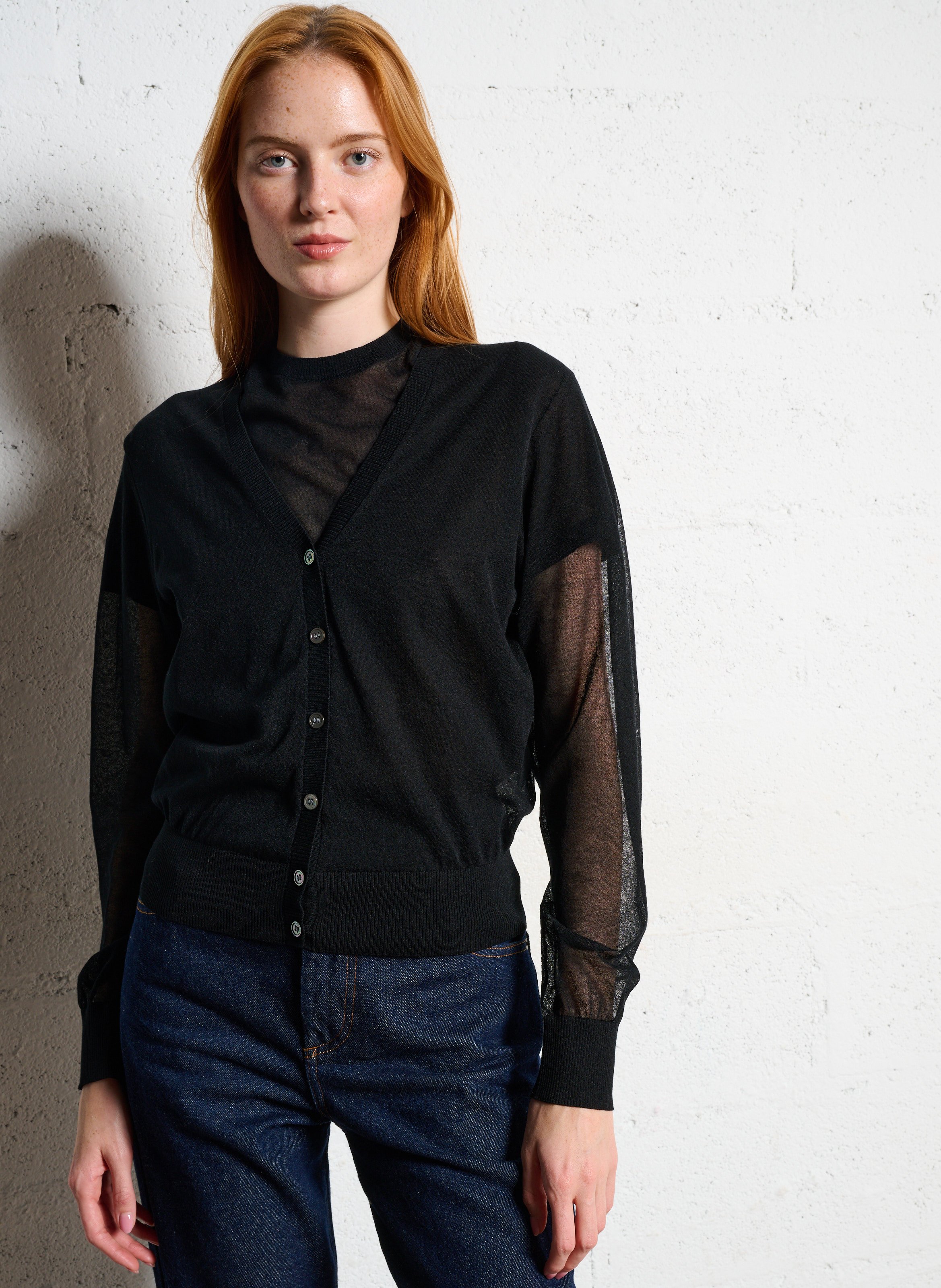 Cardigan col V en coton mélangé Etretat SOEUR Noir