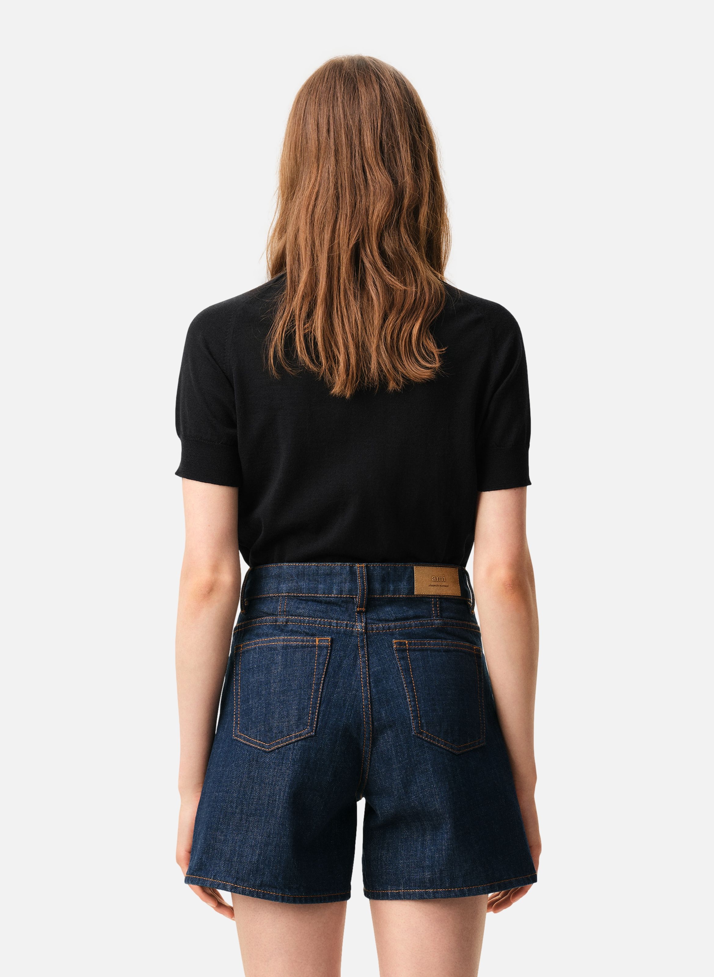 Cardigan col rond manches courtes avec ami de coeur en laine AMI PARIS Noir