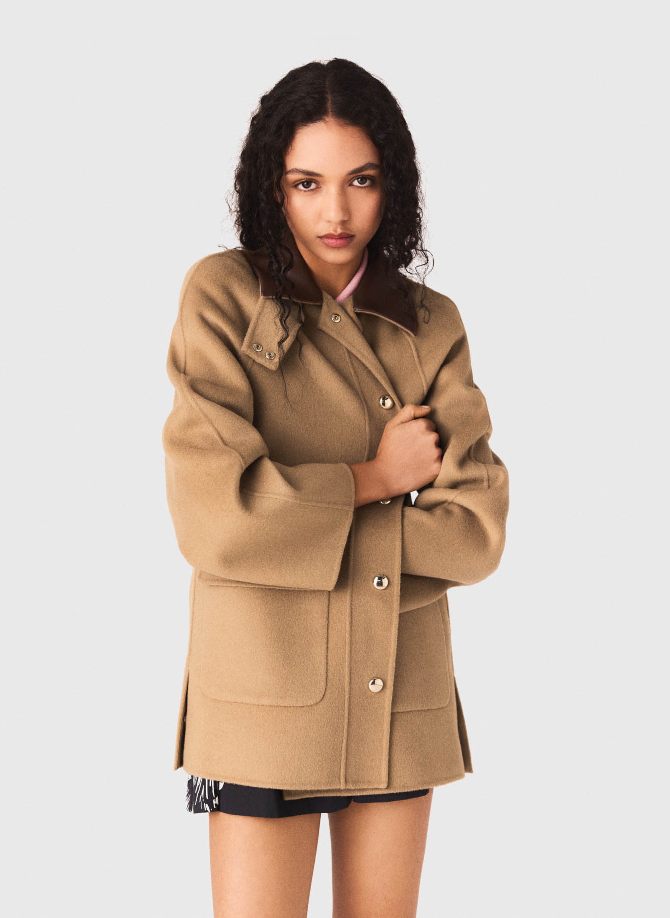 Manteau droit boutonné en laine mélangée MAJE Beige