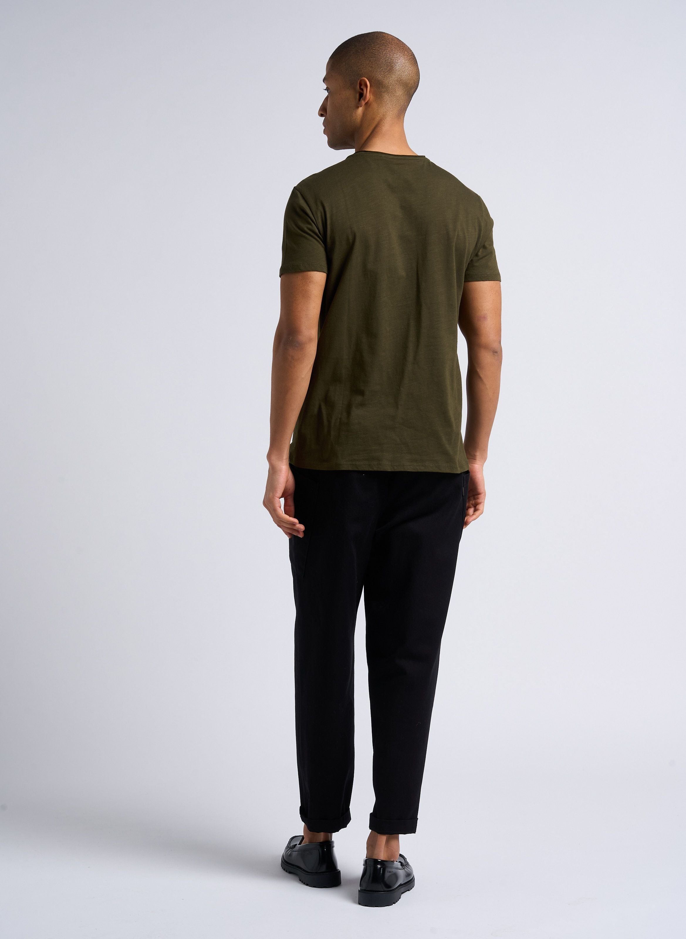 Tee-shirt col v slim en coton flammé IKKS Kaki