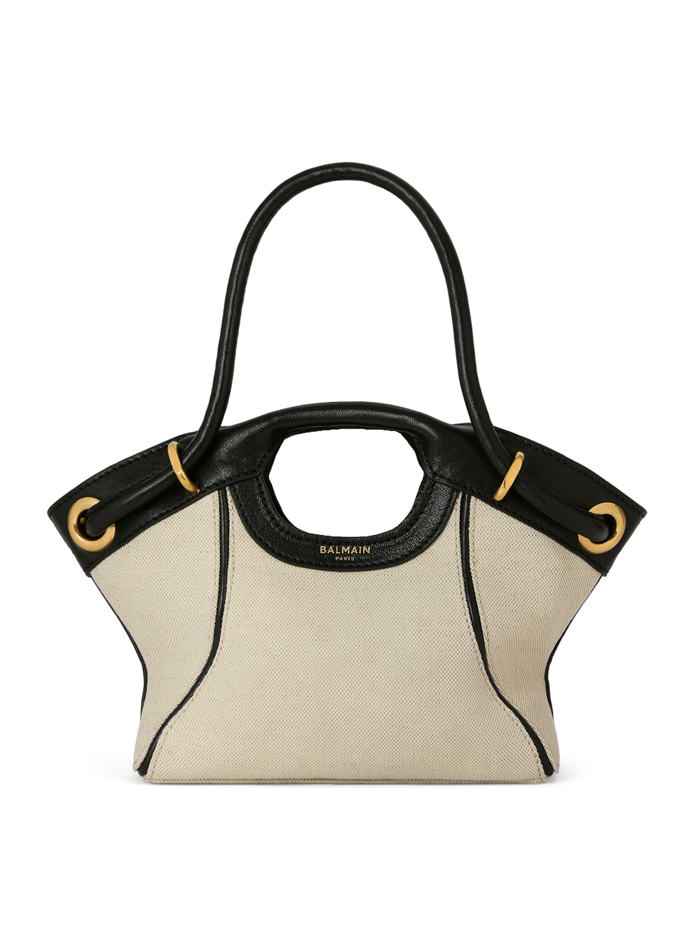 Sac cabas tote small en toile et cuir lisse BALMAIN Beige