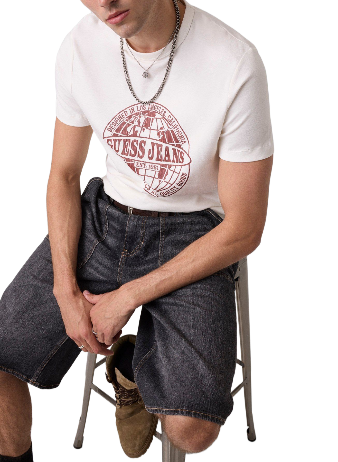 T-shirt droit col rond imprimé en coton GUESS Blanc