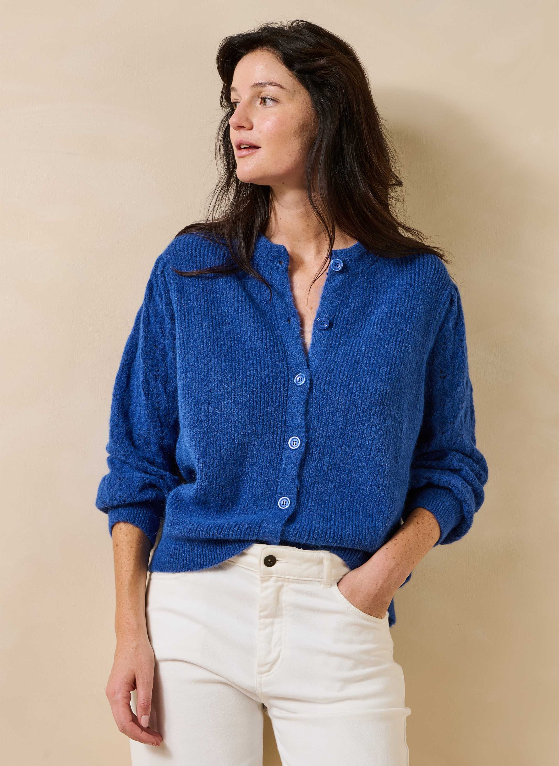 Ruimvallend vest met ronde hals in een gemengde breiwerkstof LA FEE MARABOUTEE Blauw