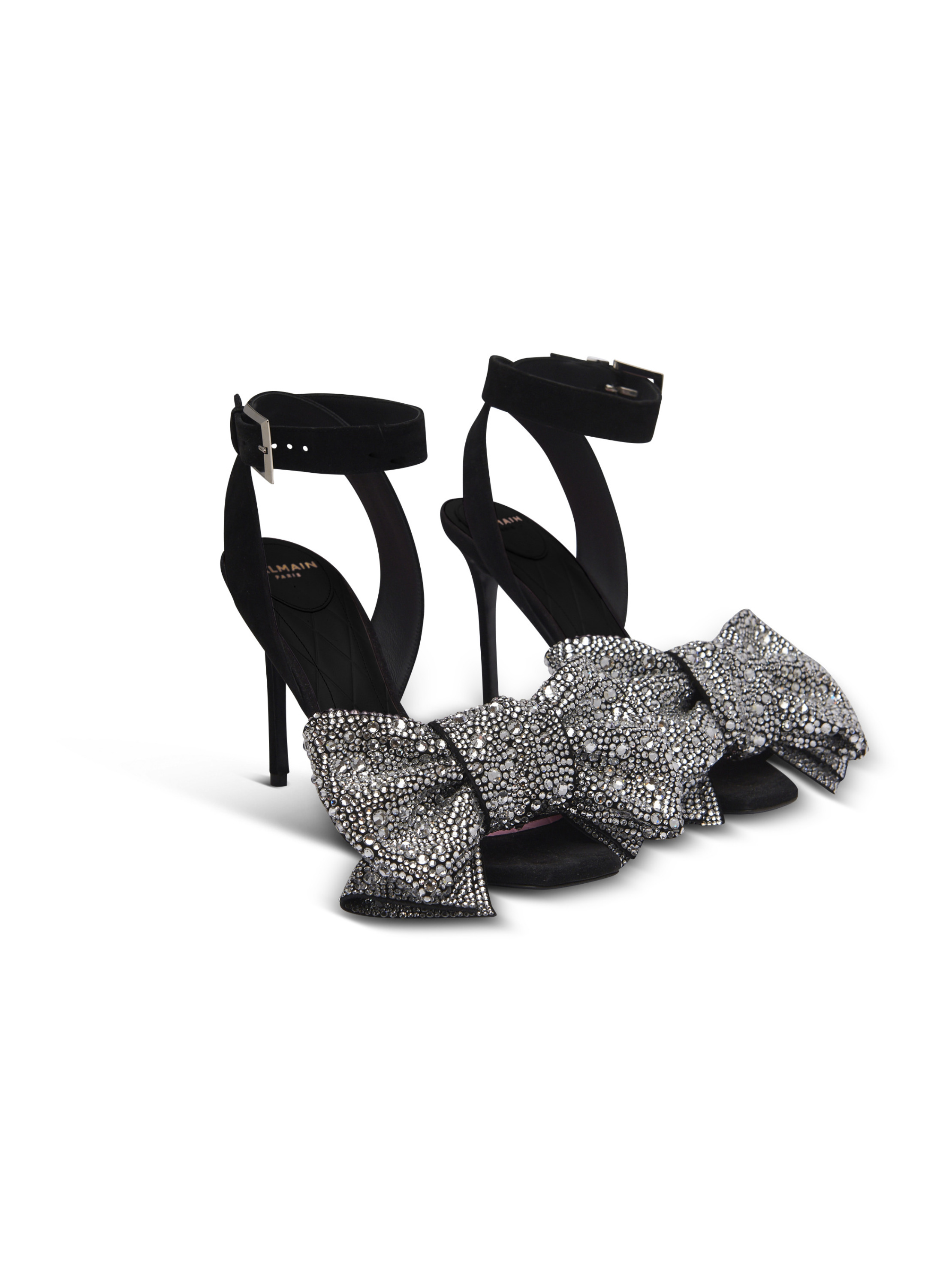 Sandales ruby à nœuds strassés et cuir suédé BALMAIN Noir
