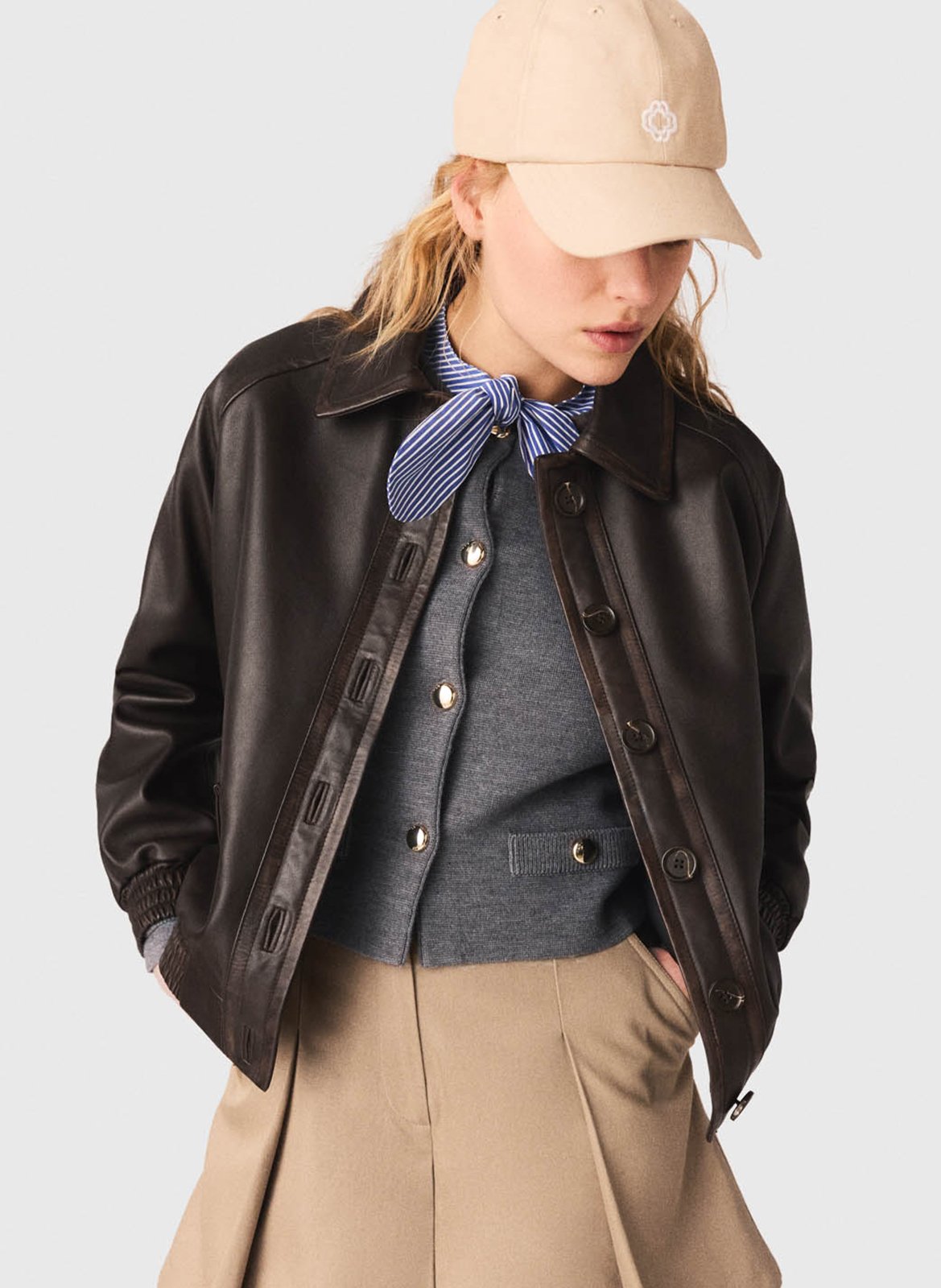 Veste droite boutonnée en cuir MAJE Marron