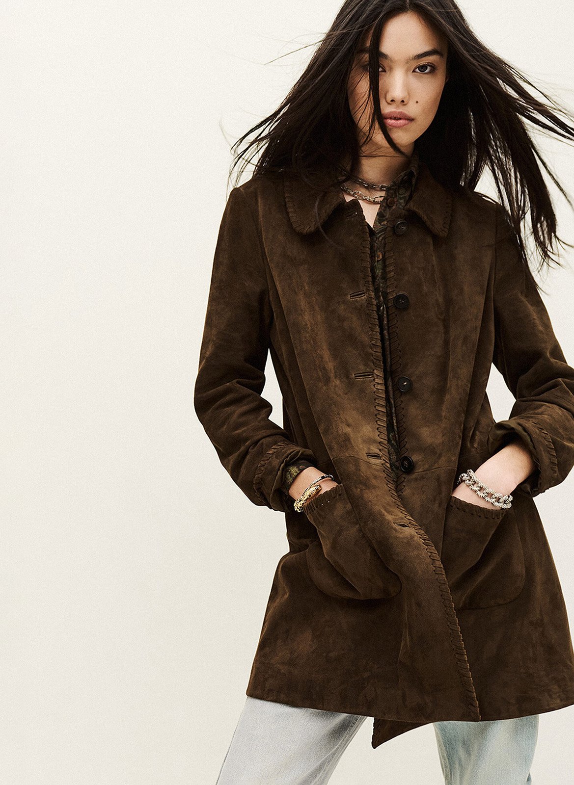 Manteau col classique en cuir maena BA&SH Marron