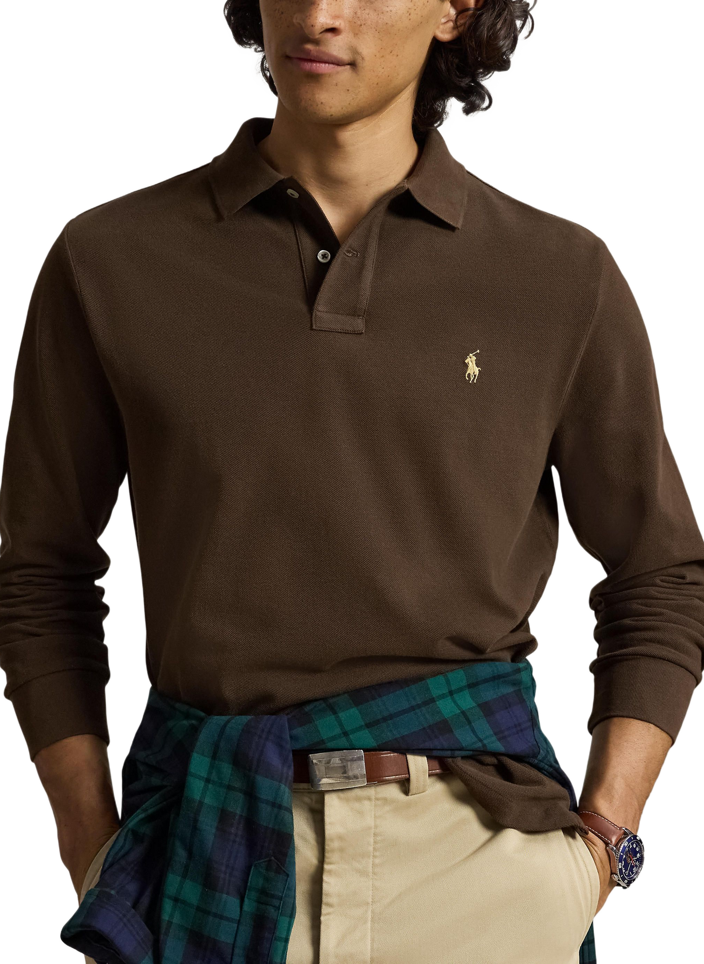 Polo manches longues droit en piqué de coton POLO RALPH LAUREN Beige