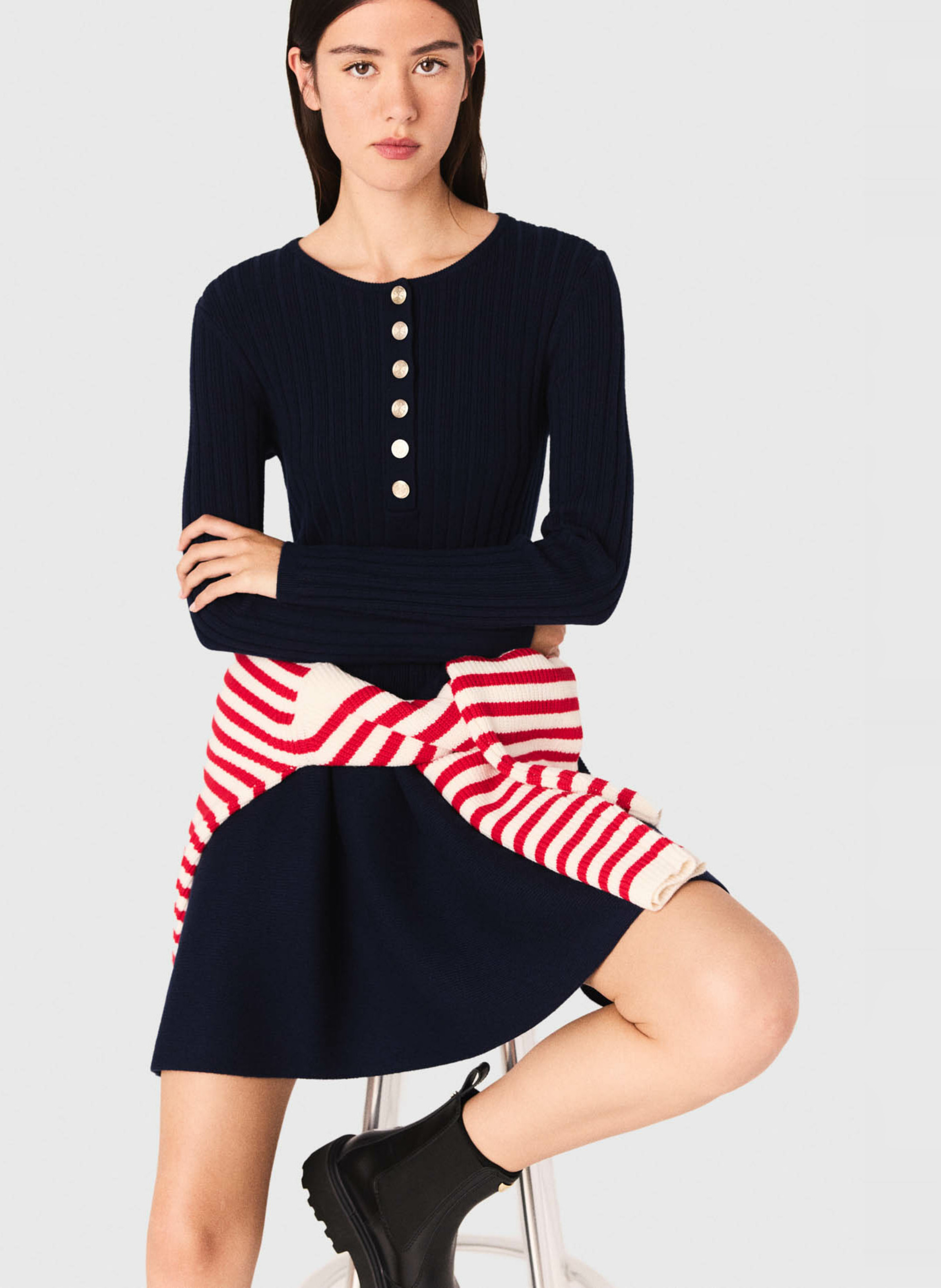 Robe courte boutonnée à col rond Bleu