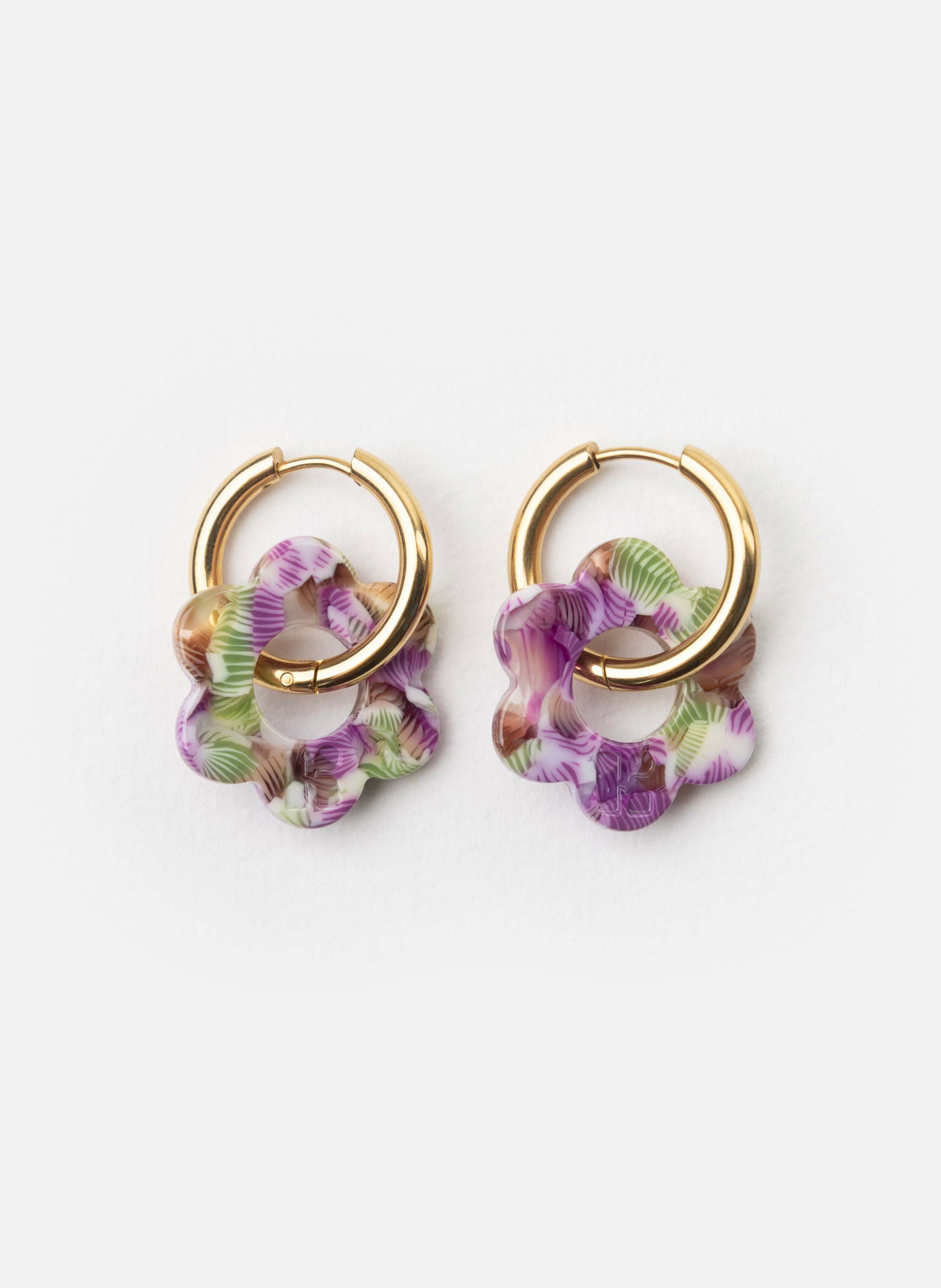 Boucles d'oreilles maxi fleurette avec anneaux en acier inoxydable doré  Magenta et vert