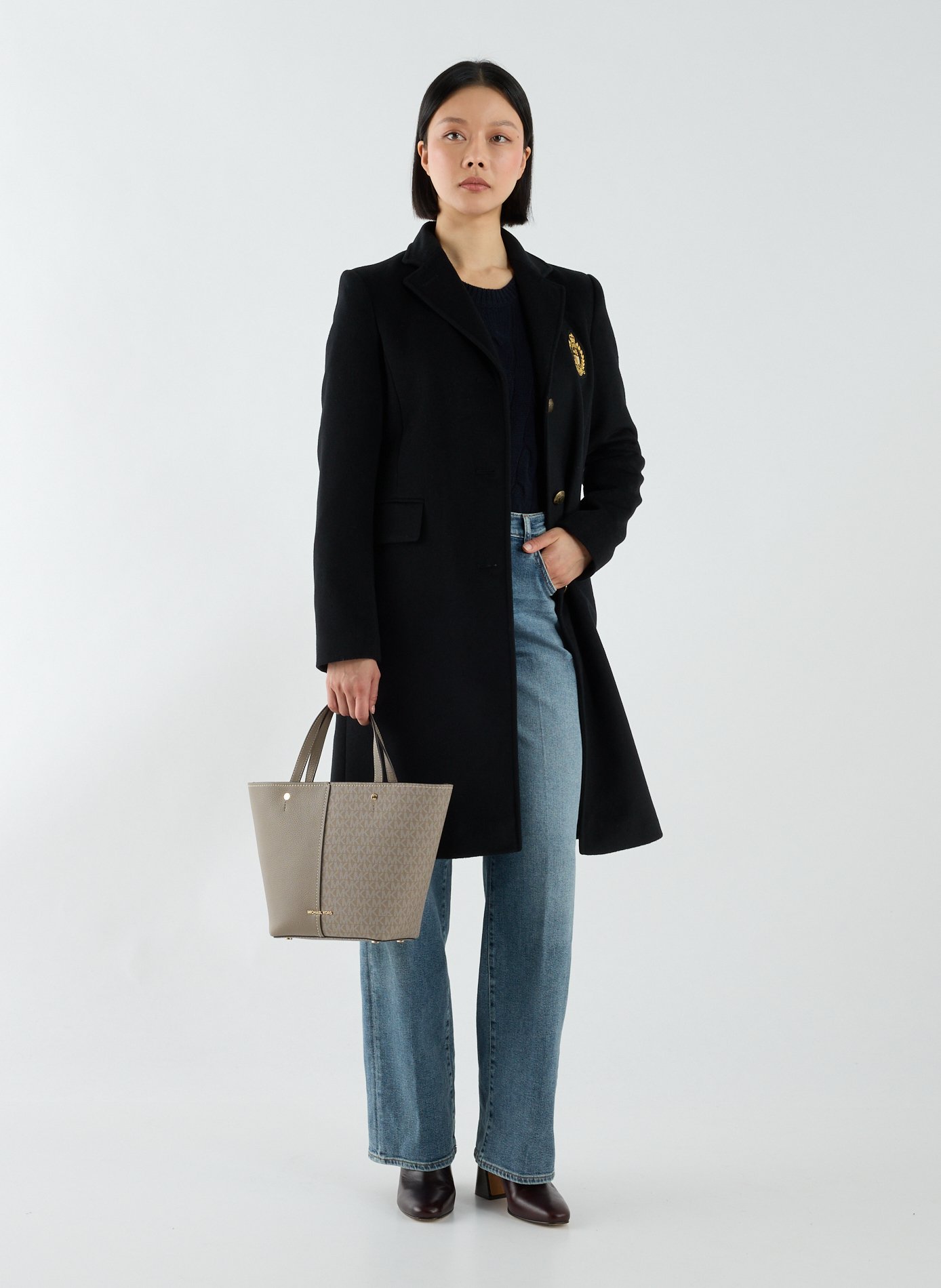 Manteau mi-long brodé en laine mélangée LAUREN Noir