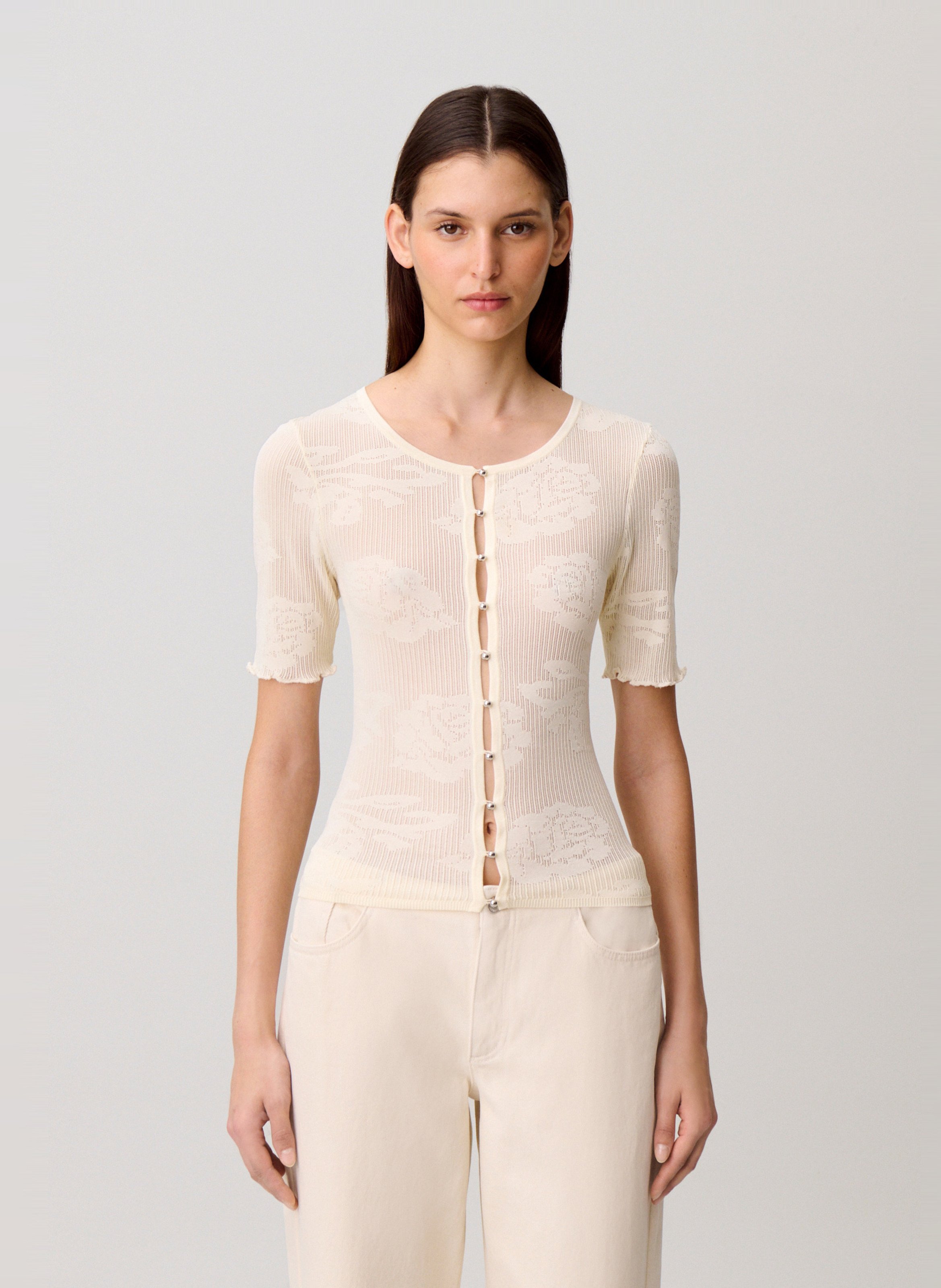 Gilet ajusté col rond en dentelle CLAUDIE PIERLOT Beige