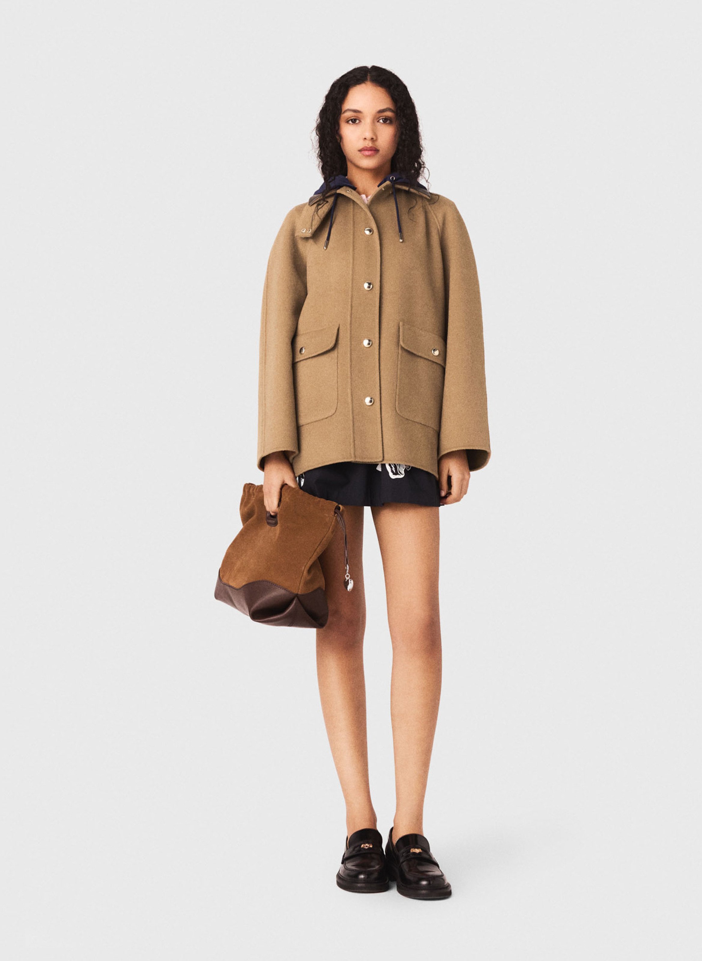 Manteau droit boutonné en laine mélangée MAJE Beige