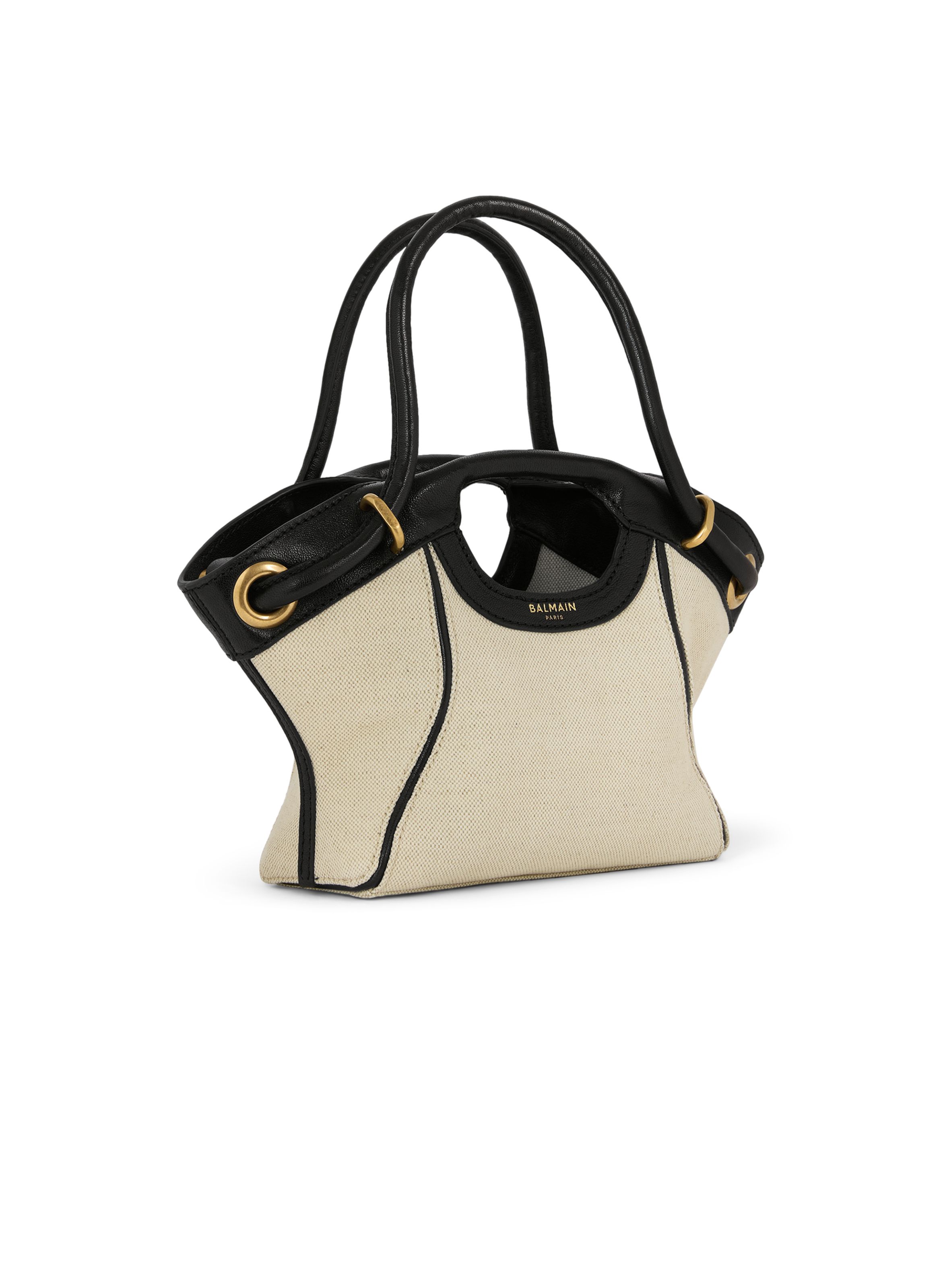 Sac cabas tote small en toile et cuir lisse BALMAIN Beige
