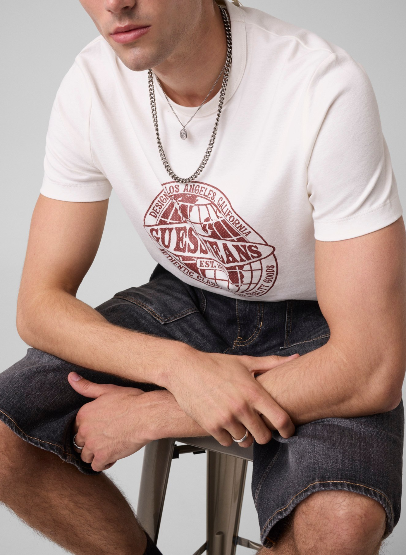 T-shirt droit col rond imprimé en coton GUESS Blanc