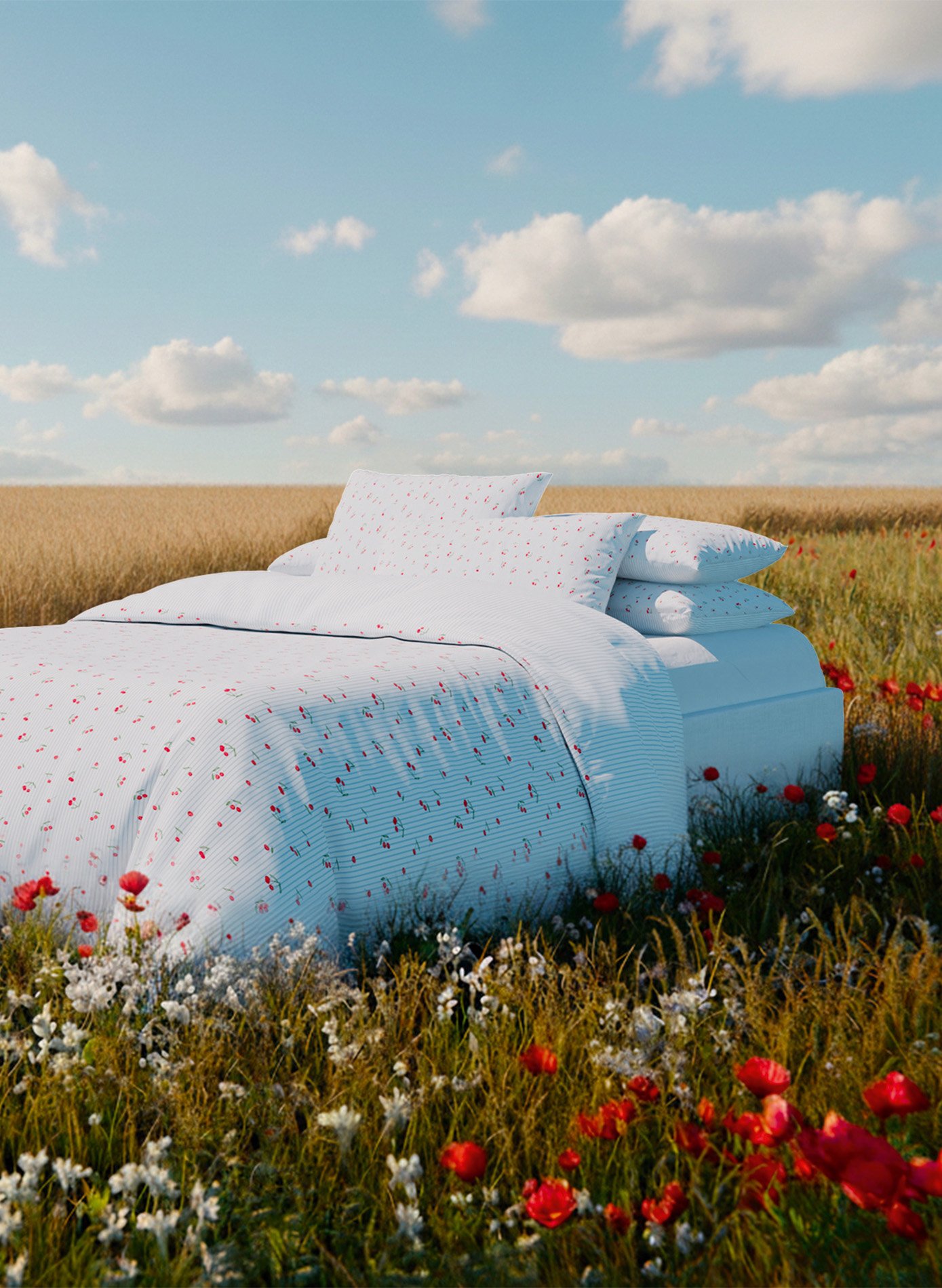 Pack housse de couette + taie(s) d'oreiller la cerise ANNE DE SOLENE Rouge