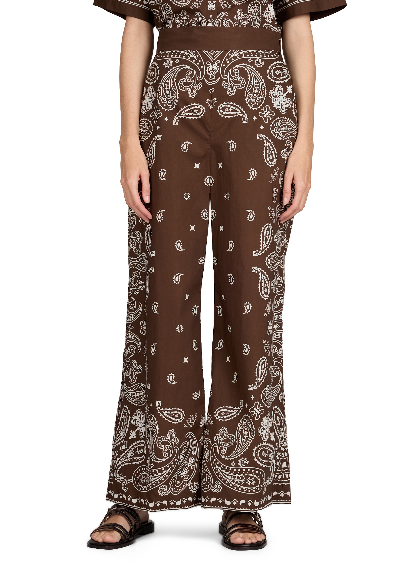 Pantalon évasé imprimé bandana en coton SUNCOO Marron