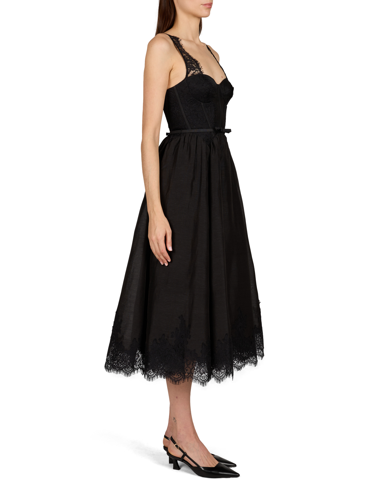 Midi dress with lace details in blended linen ZIMMERMANN Black