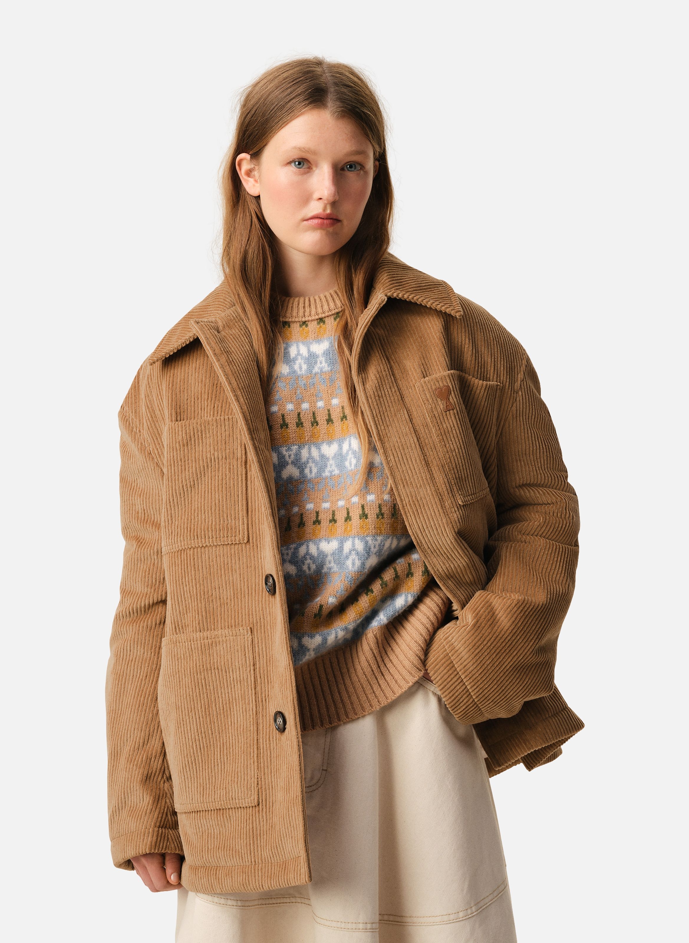 Veste worker en velours en coton unisexe AMI PARIS Marron