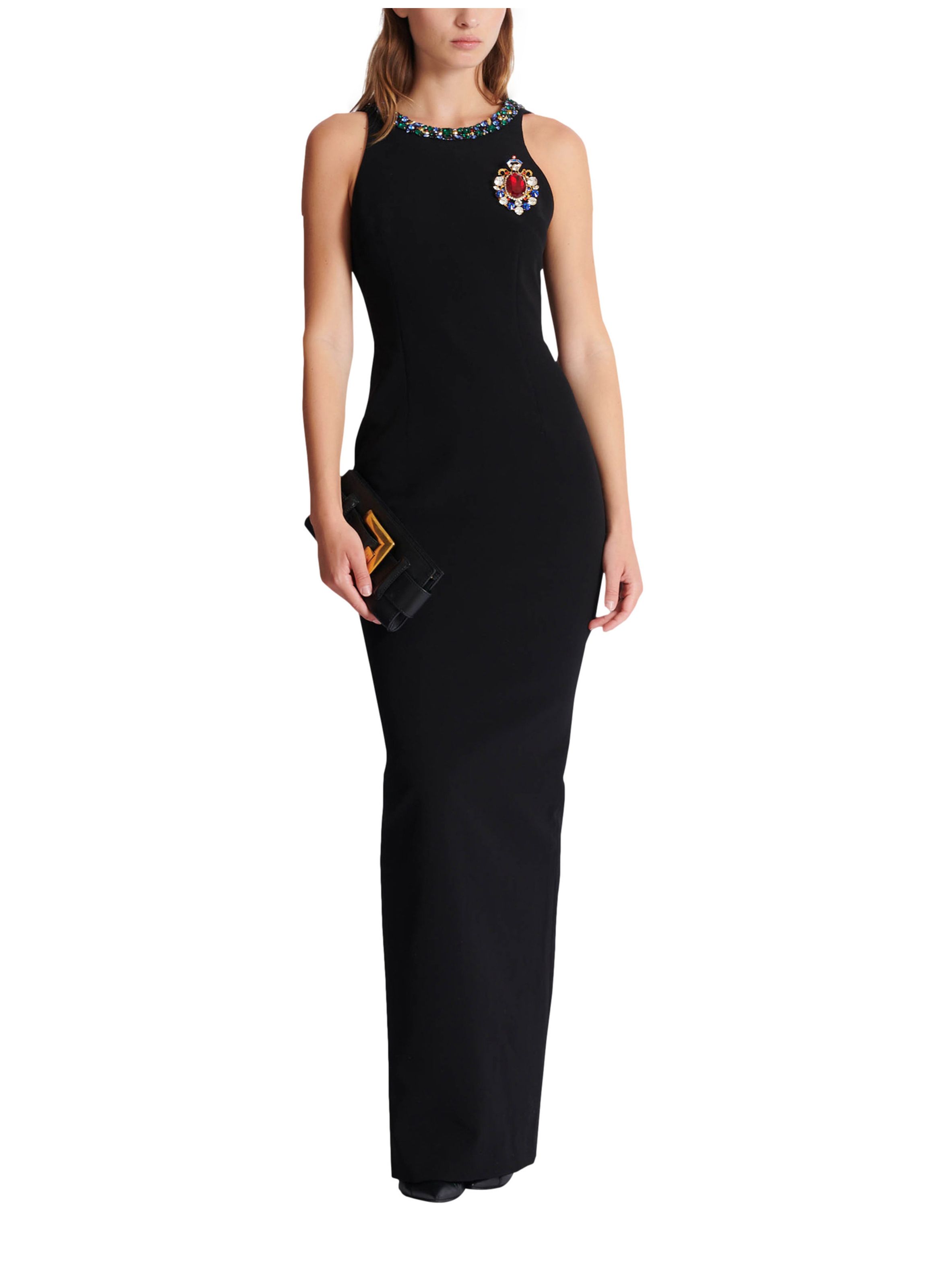Robe longue brodée sans manche en velours BALMAIN Noir