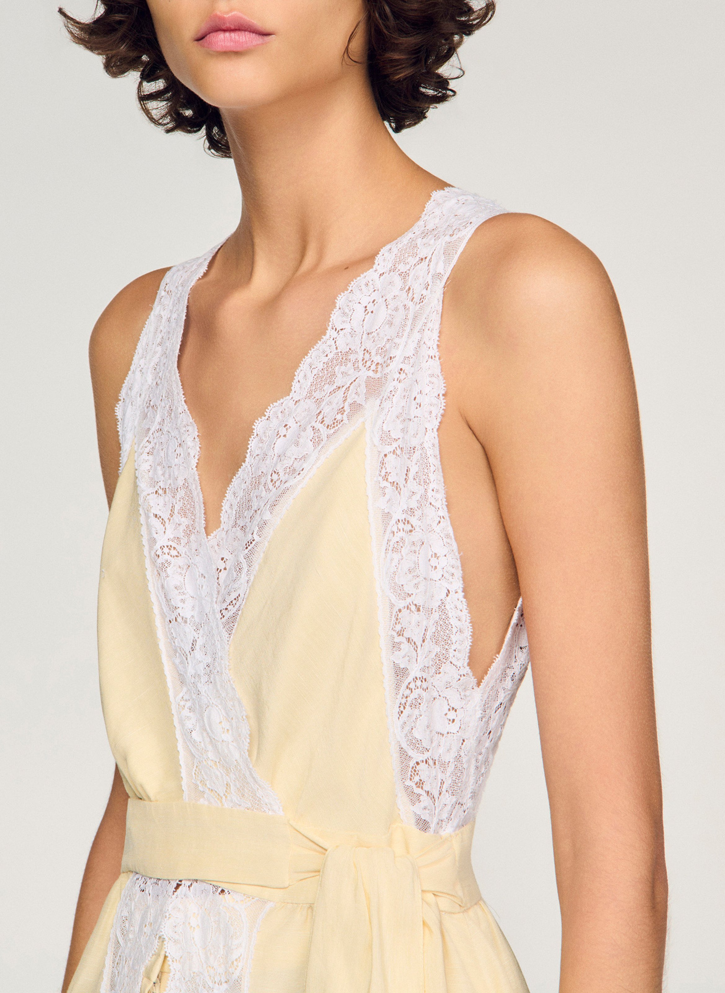 Robe longue col v en lin mélangé SANDRO Beige
