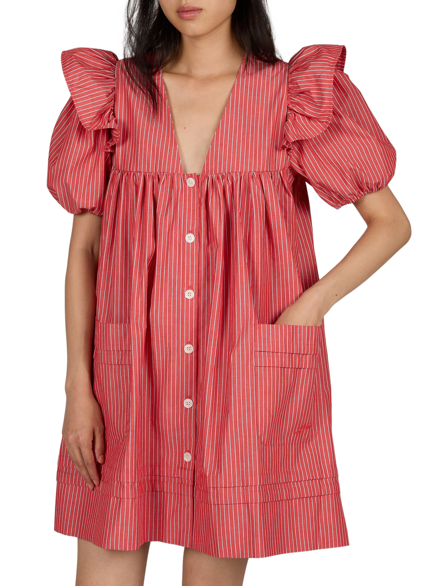 Striped cotton midi dress  GANNI Red