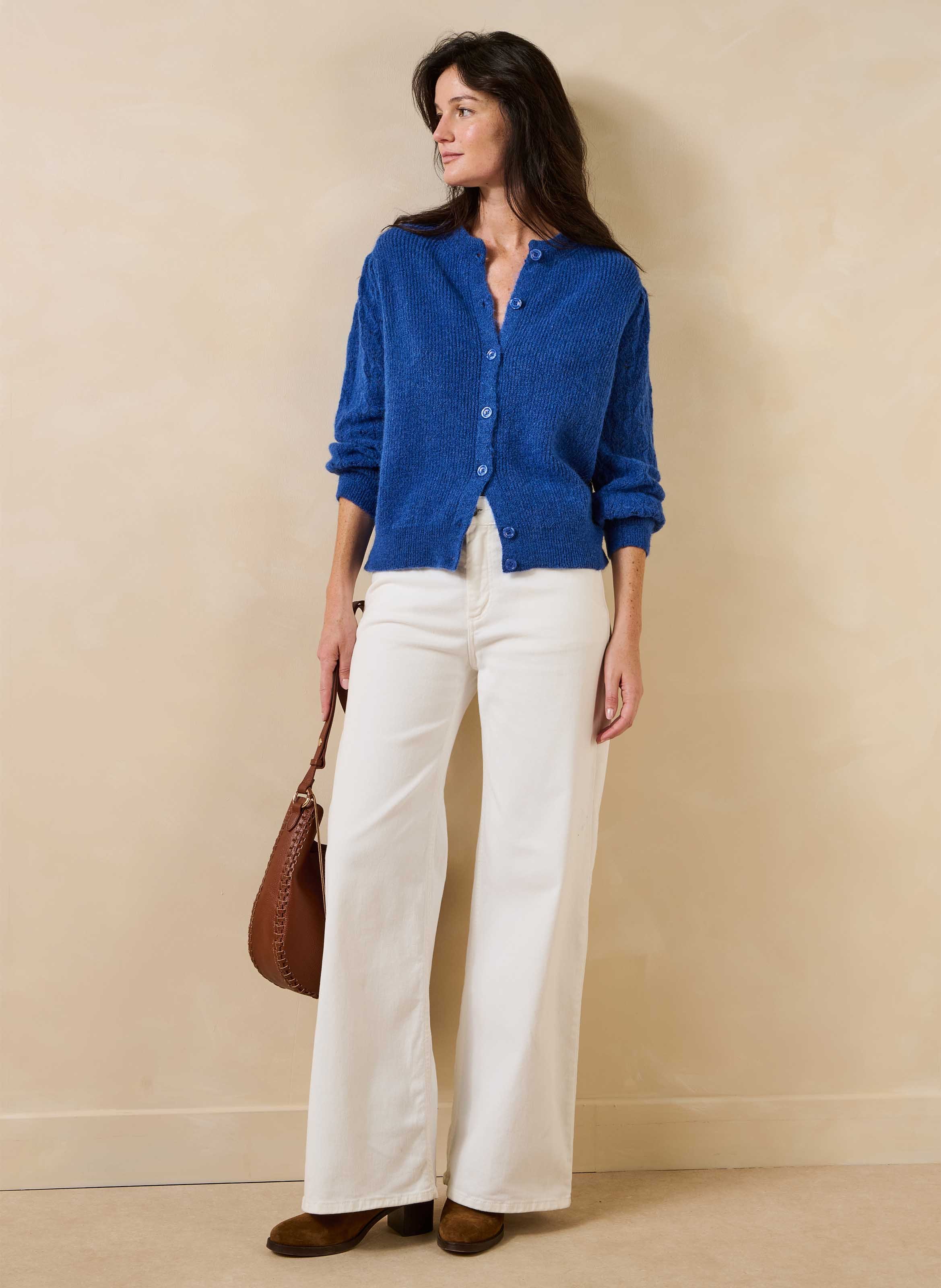 Ruimvallend vest met ronde hals in een gemengde breiwerkstof LA FEE MARABOUTEE Blauw