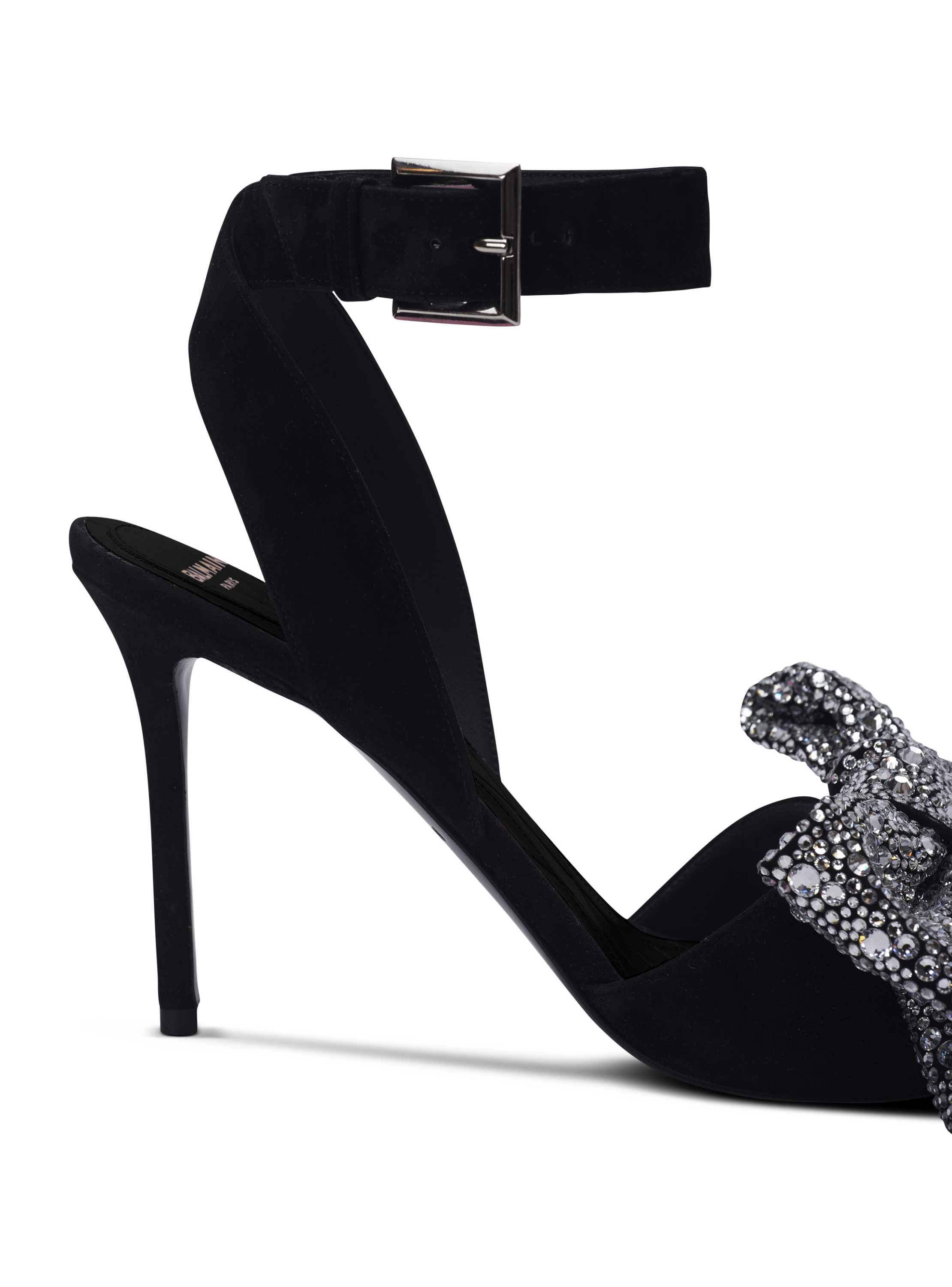 Sandales ruby à nœuds strassés et cuir suédé BALMAIN Noir