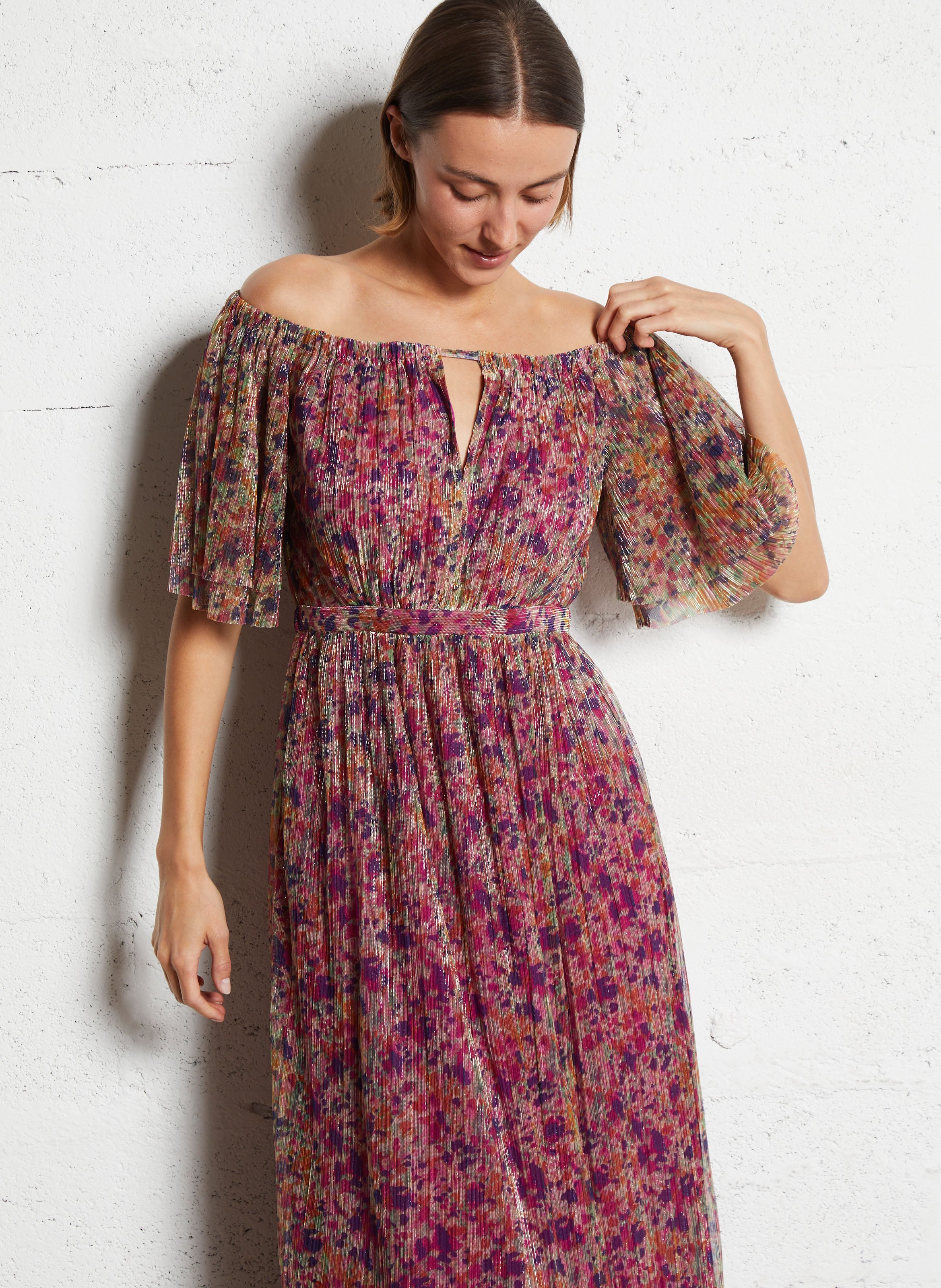 BA&SH Robe épaules dénudées à plis collette Multicolore