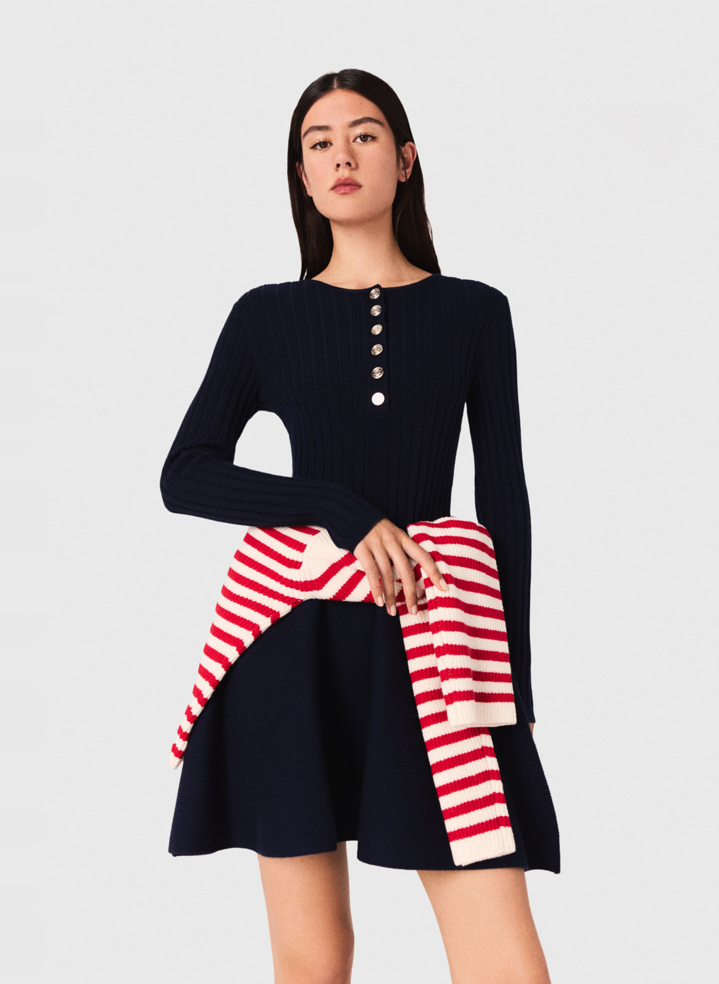 Robe courte boutonnée à col rond Bleu