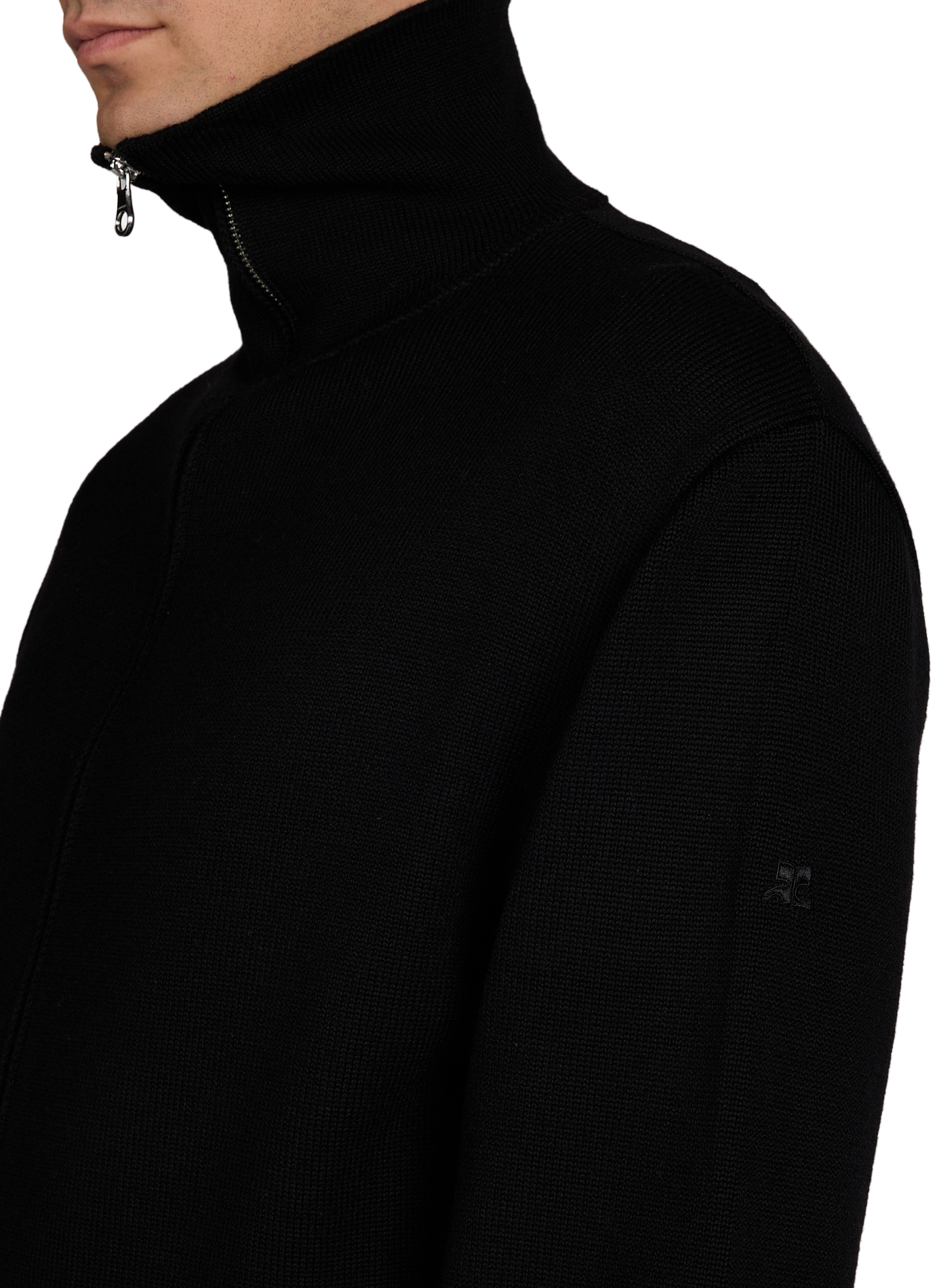 Pull côtelé à col montant en laine mérinos COURRÈGES Noir