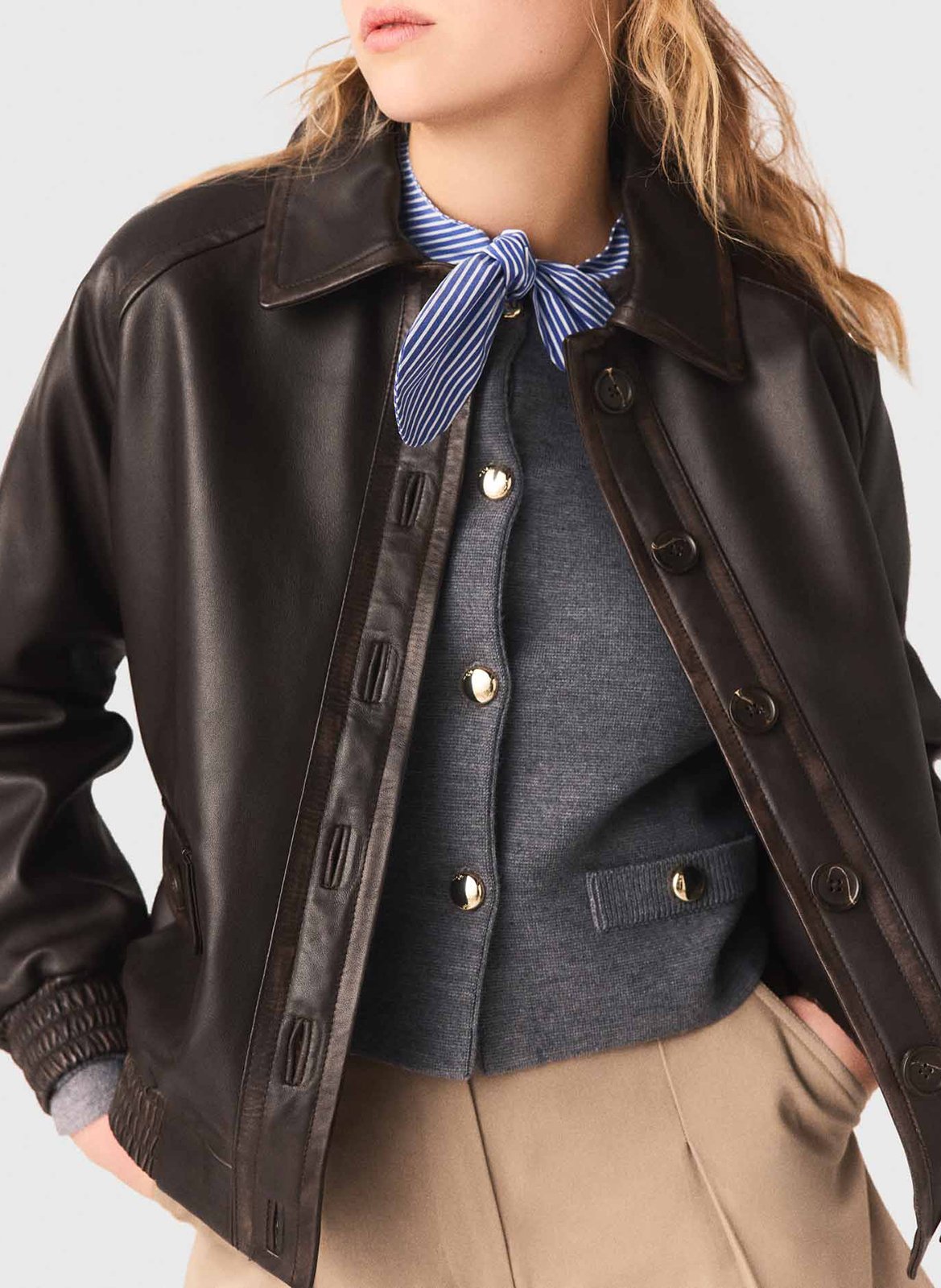 Veste droite boutonnée en cuir MAJE Marron