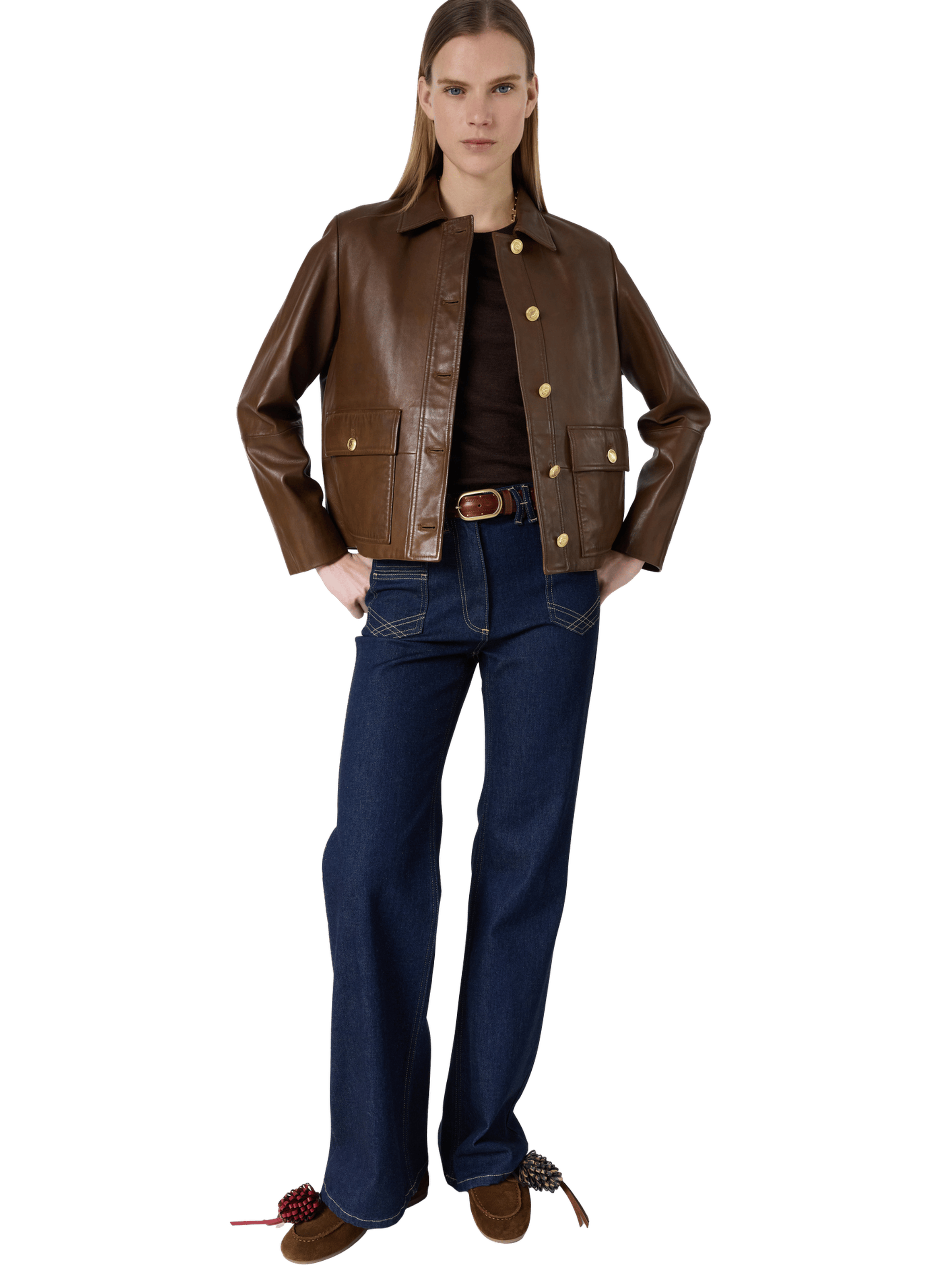 Veste droite en cuir à boutons dorés - tinaya GERARD DAREL Marron