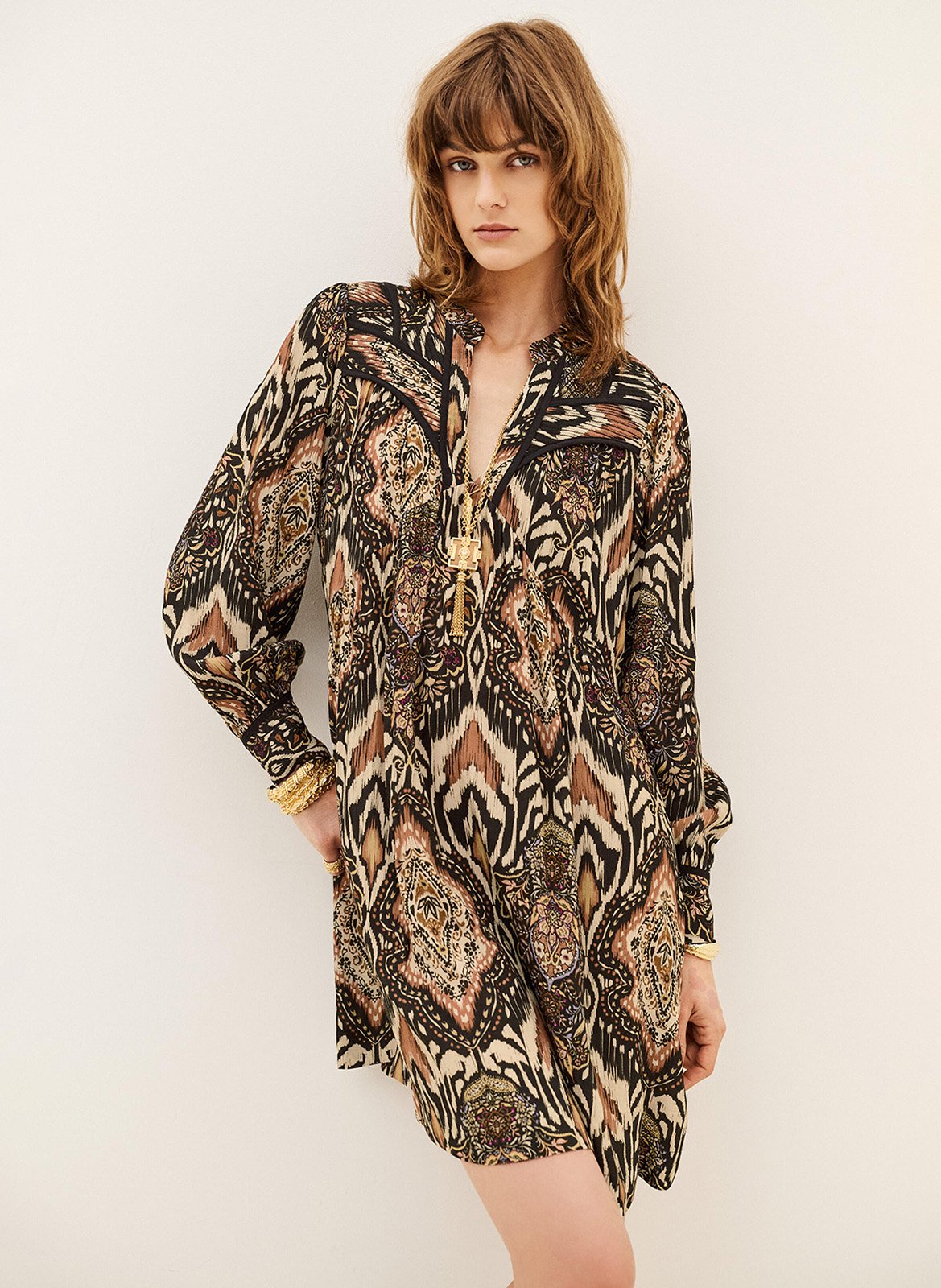 Robe courte col tunisien imprimée zaza BA&SH Noir