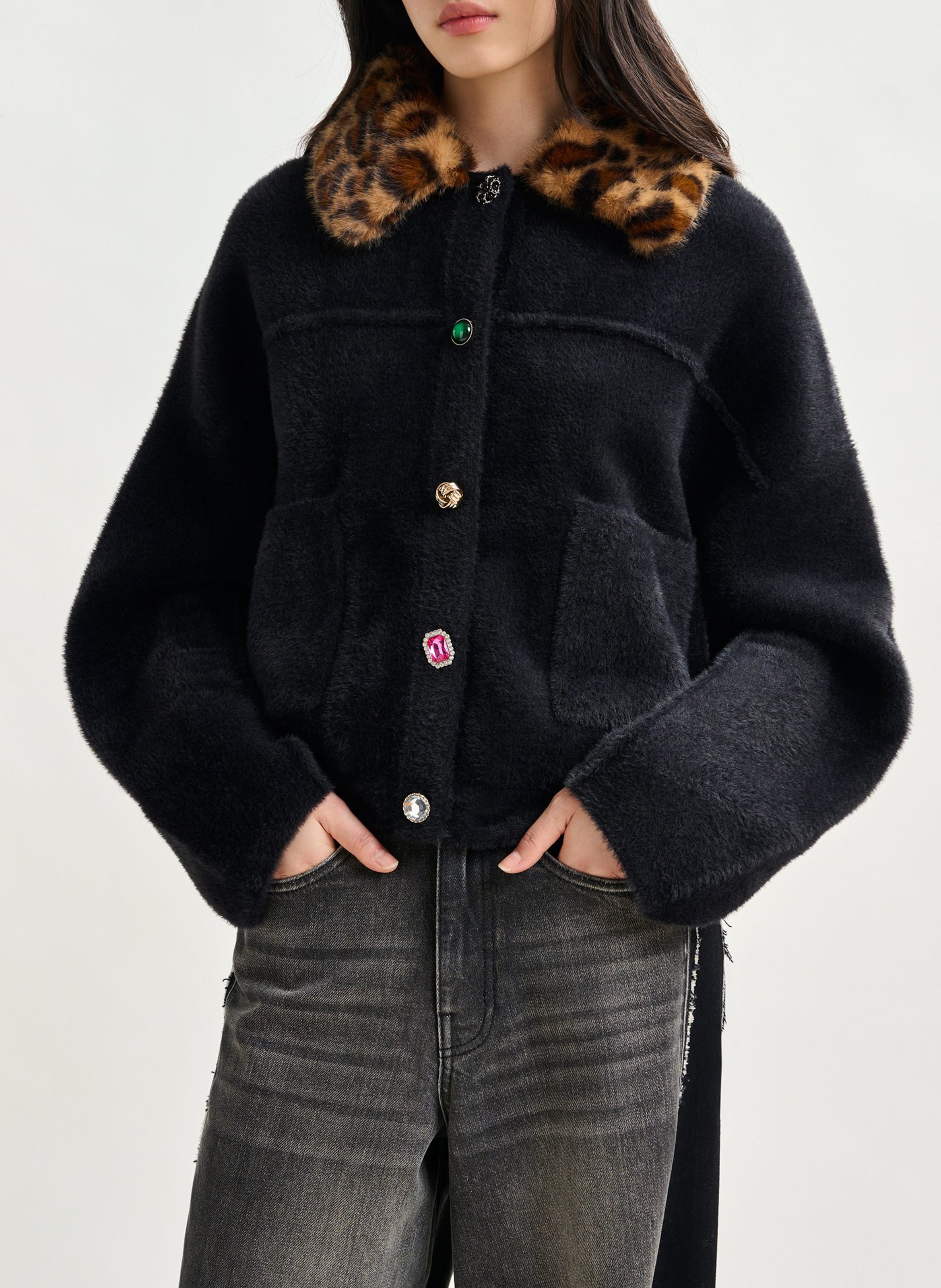 Cardigan ample à col fourrure amovible intention ESSENTIEL ANTWERP Noir