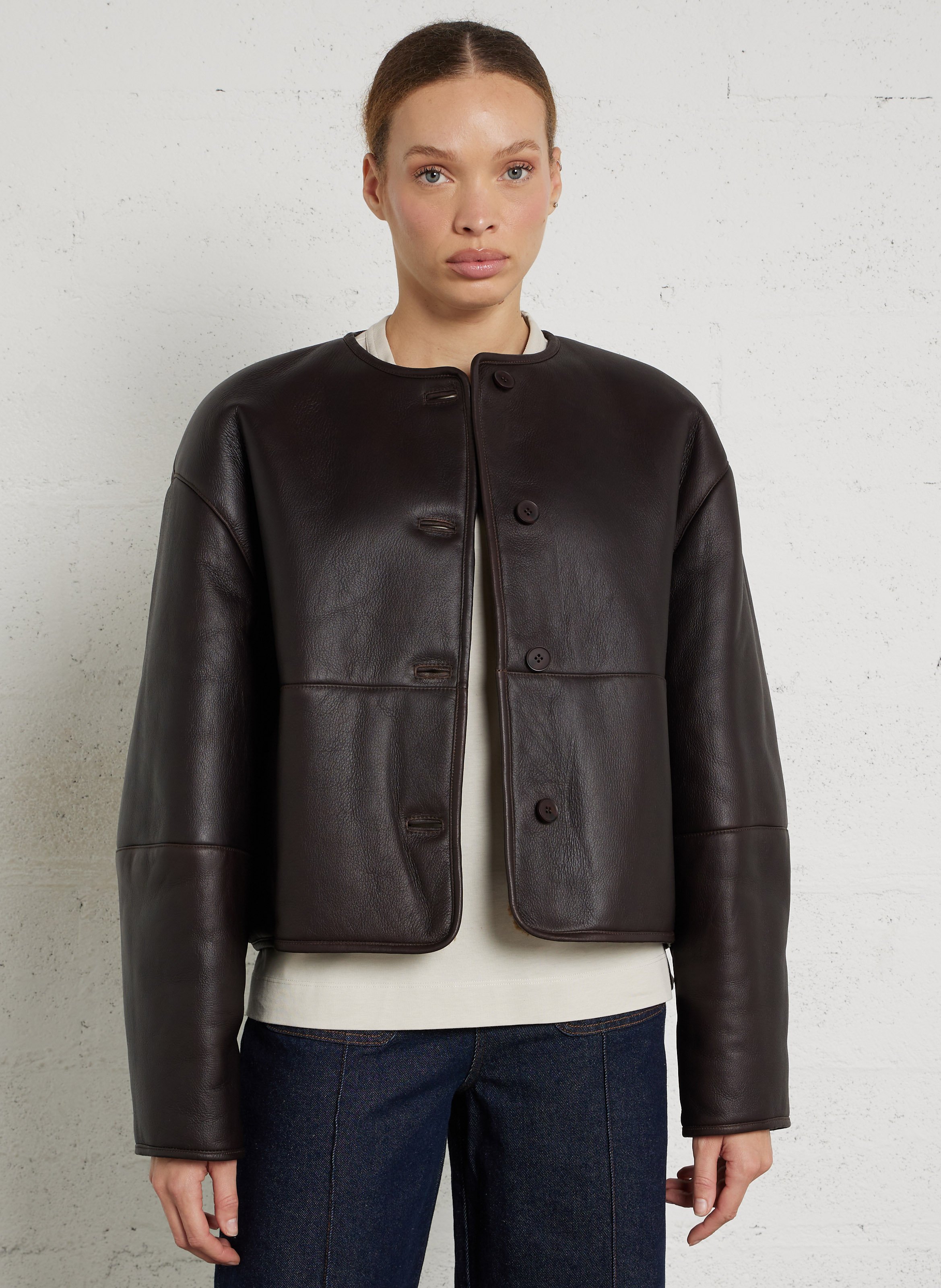 Manteau rond uni en cuir Fabio SOEUR Marron