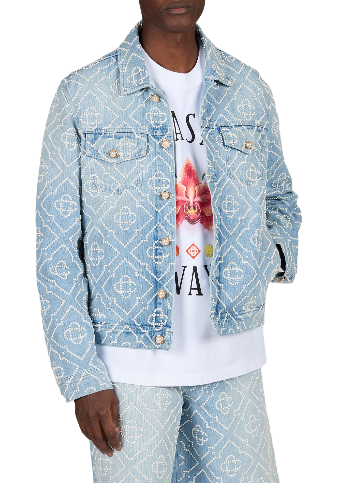 Denim jacket with pearl motifs in cotton CASABLANCA PARIS Blue