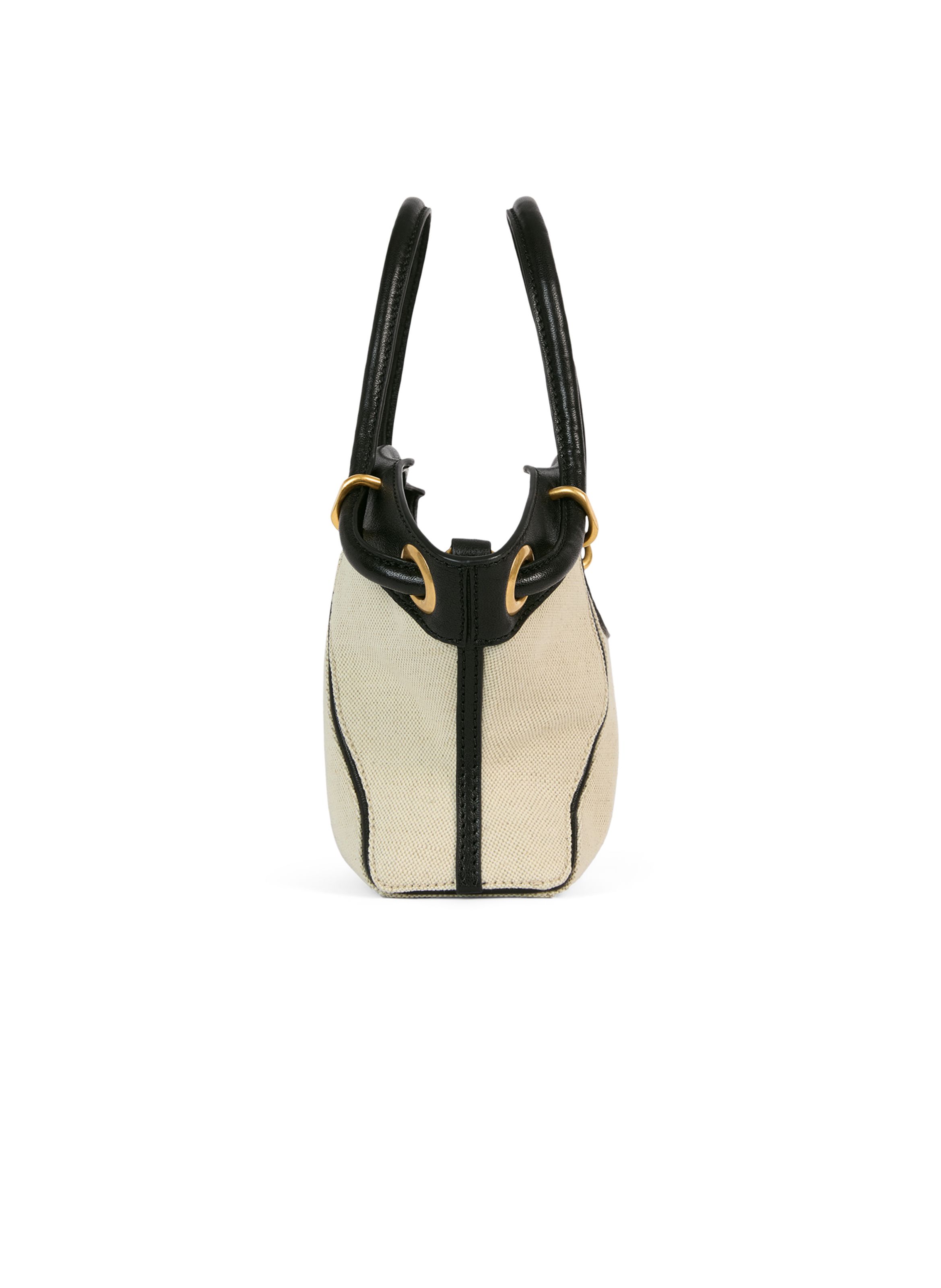Sac cabas tote small en toile et cuir lisse BALMAIN Beige