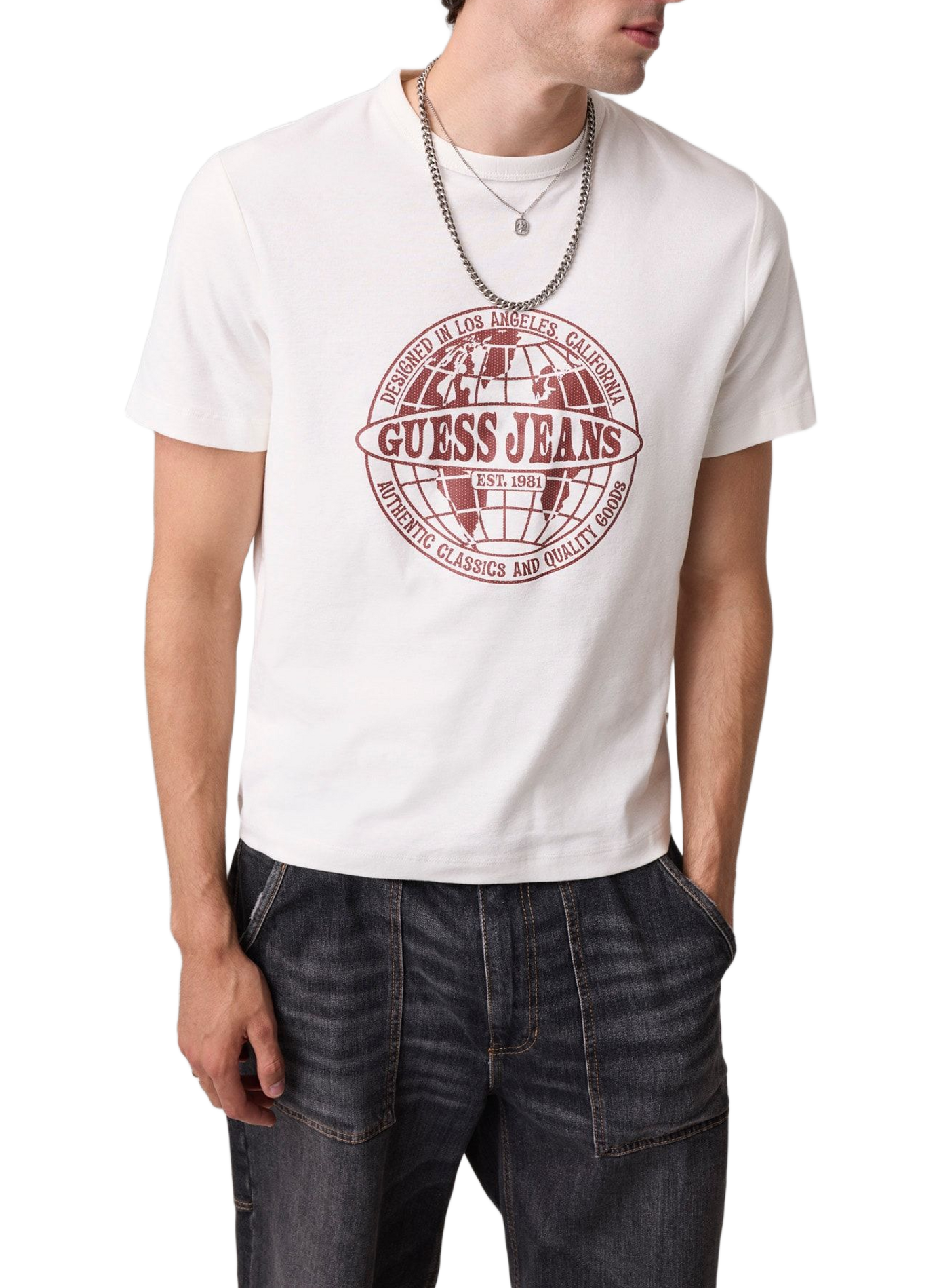 T-shirt droit col rond imprimé en coton GUESS Blanc