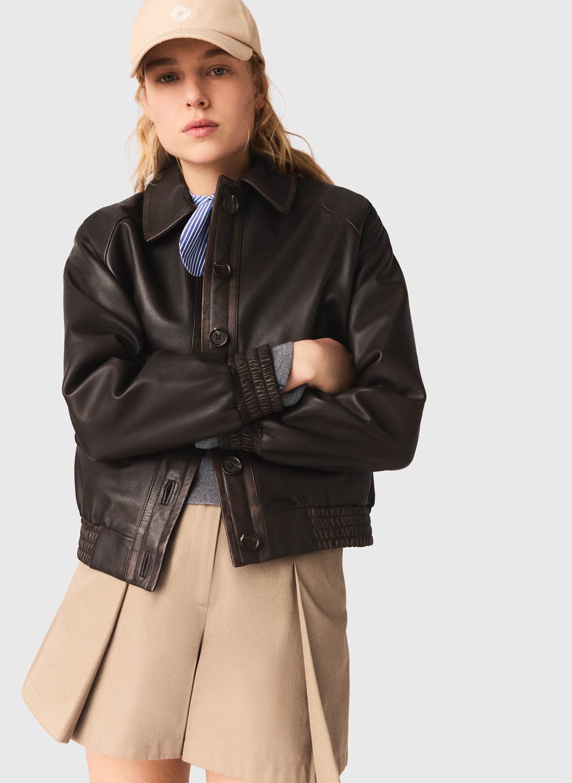 Veste droite boutonnée en cuir MAJE Marron