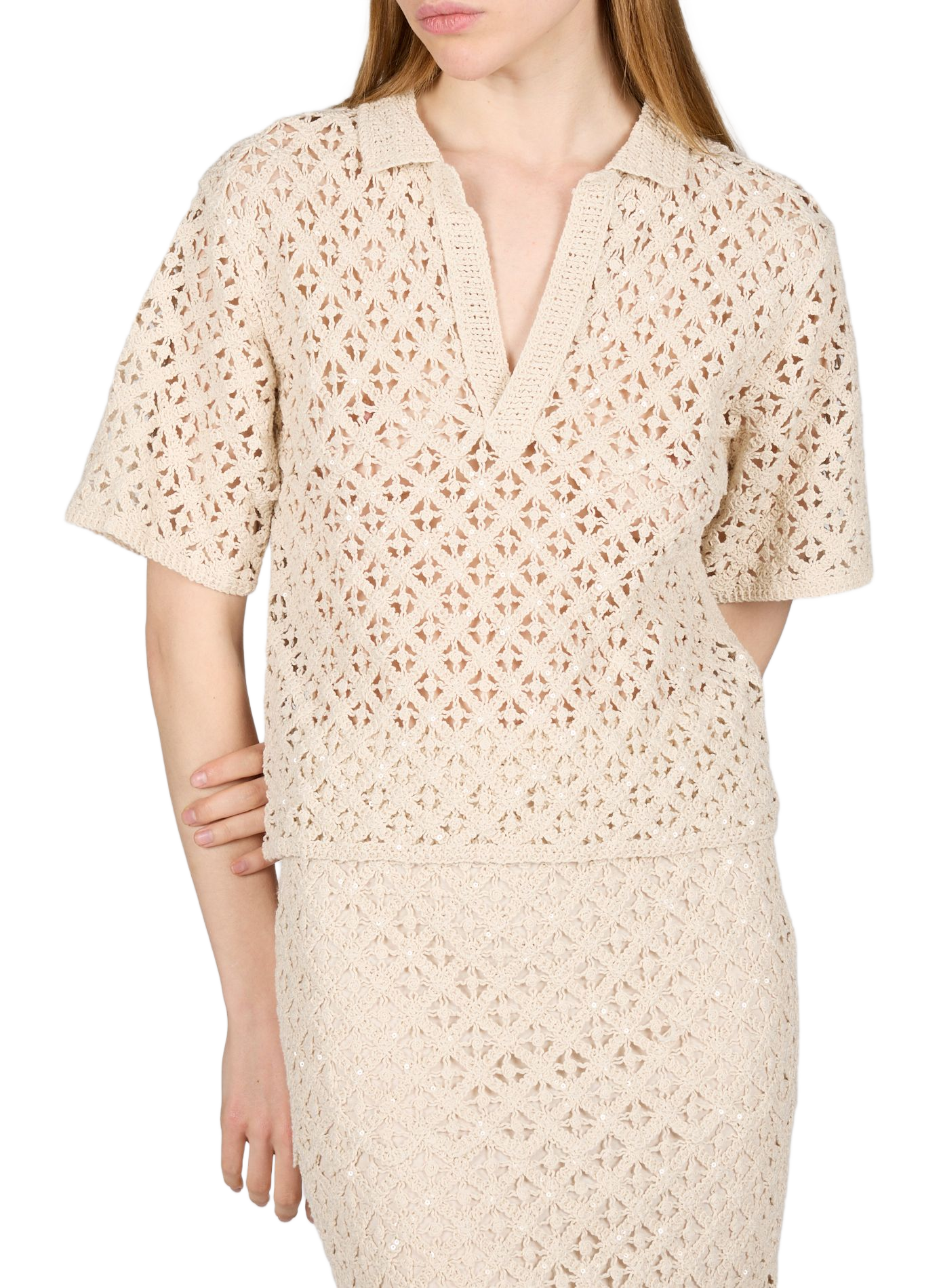 Sequin knitted cotton top OBJECT Beige