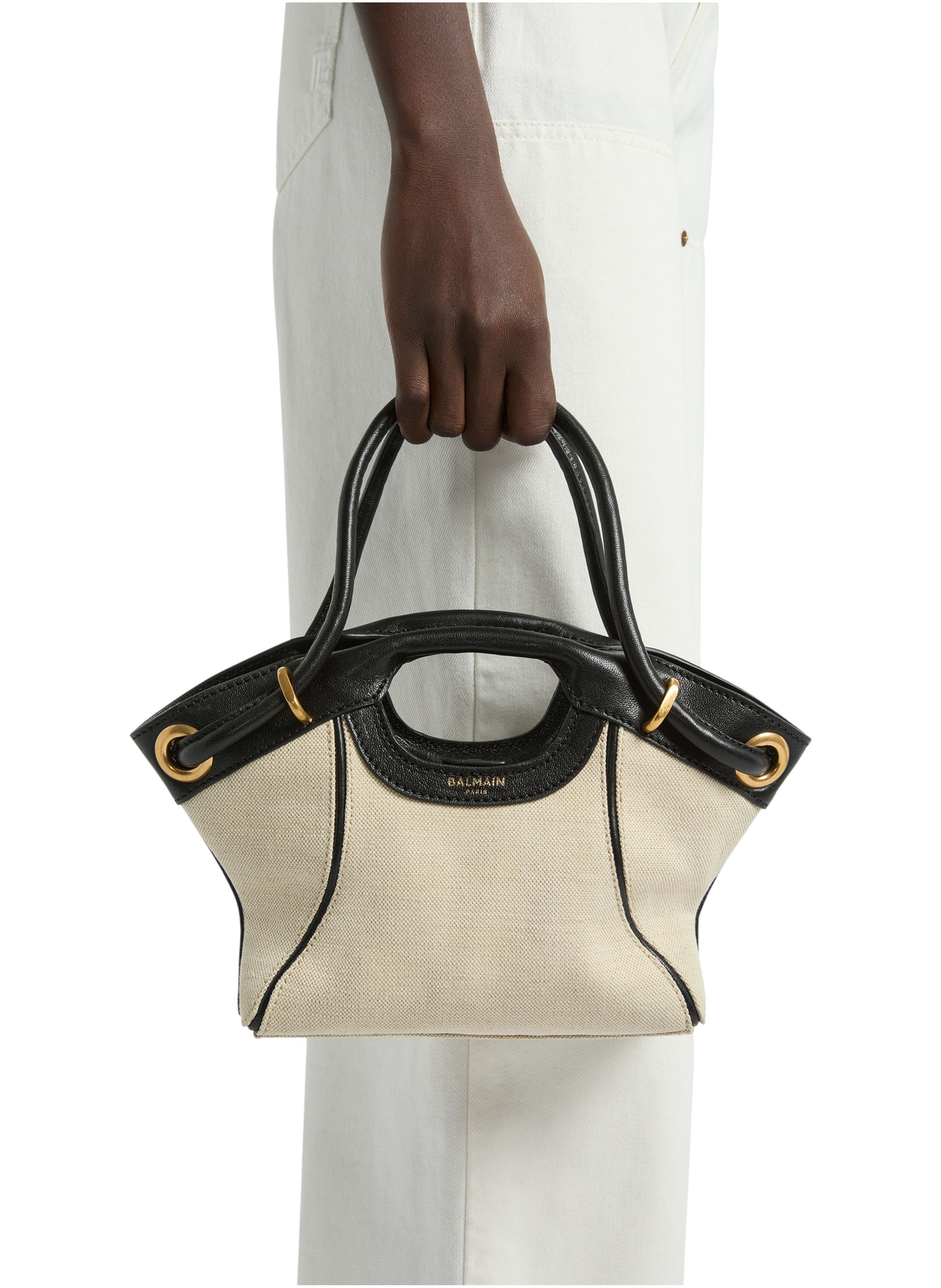 Sac cabas tote small en toile et cuir lisse BALMAIN Beige