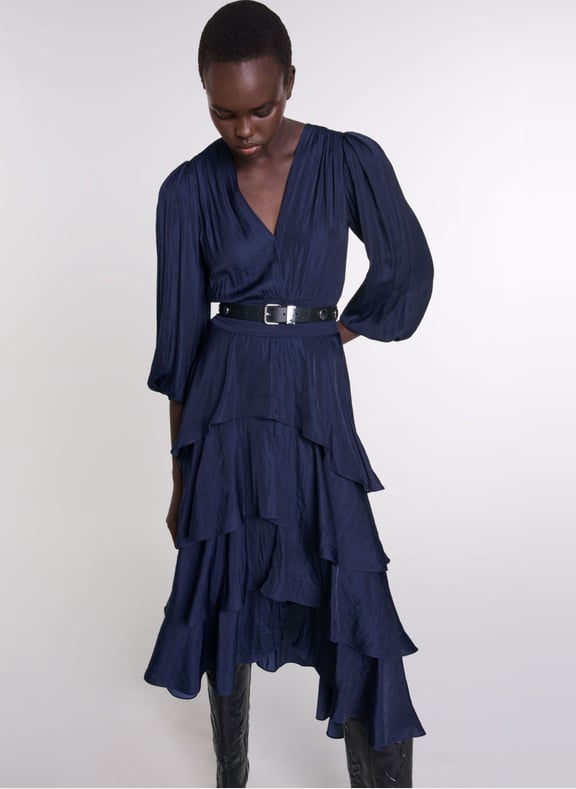 Robe longue col v à volants Bleu by MAJE MAJE Robe longue col v à volants Bleu
