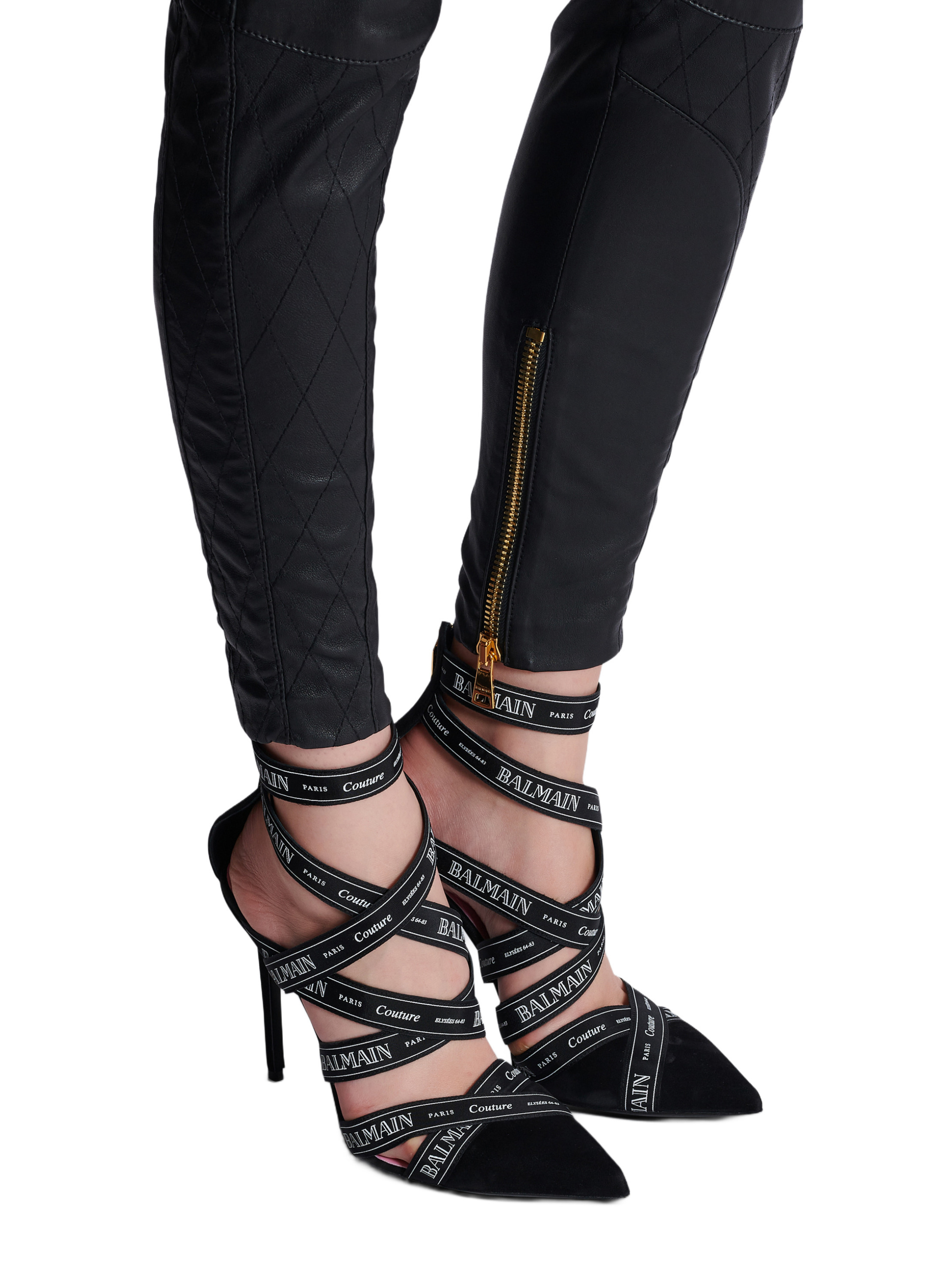 Sandales couture en cuir suédé à motif ruban balmain Noir